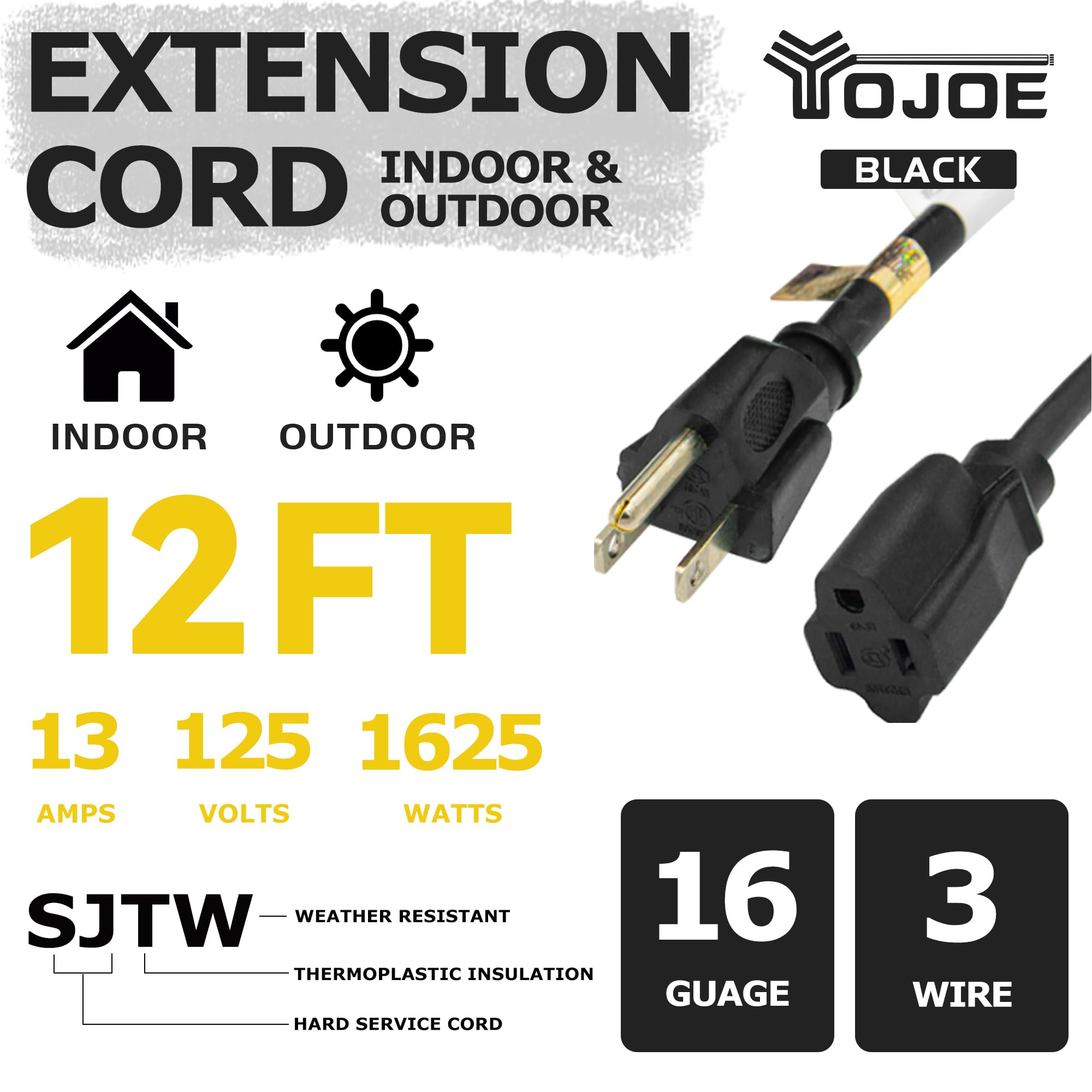 Yojoe Indoor Outdoor Extension Cord, 3 Prong 13A Weatherproof Power Extension Cord, 16 Gauge Heavy Duty 12 Ft Black Extension Co