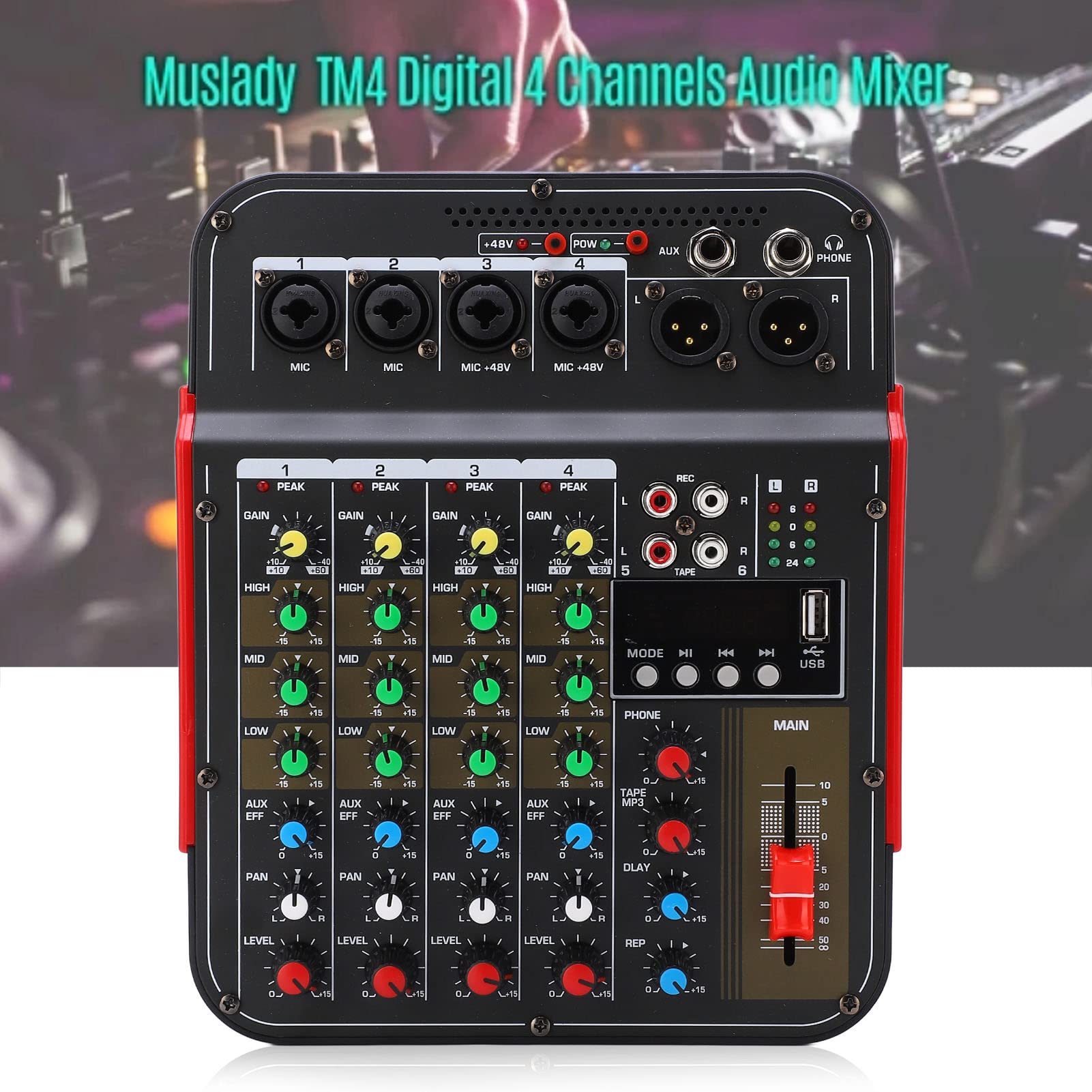 Jeanoko Audio Mixer Sound Mixing Console,Professional Mixing Console, 4 Channel Audio Mixer Controller Usb Input 3 Band Eq Metal