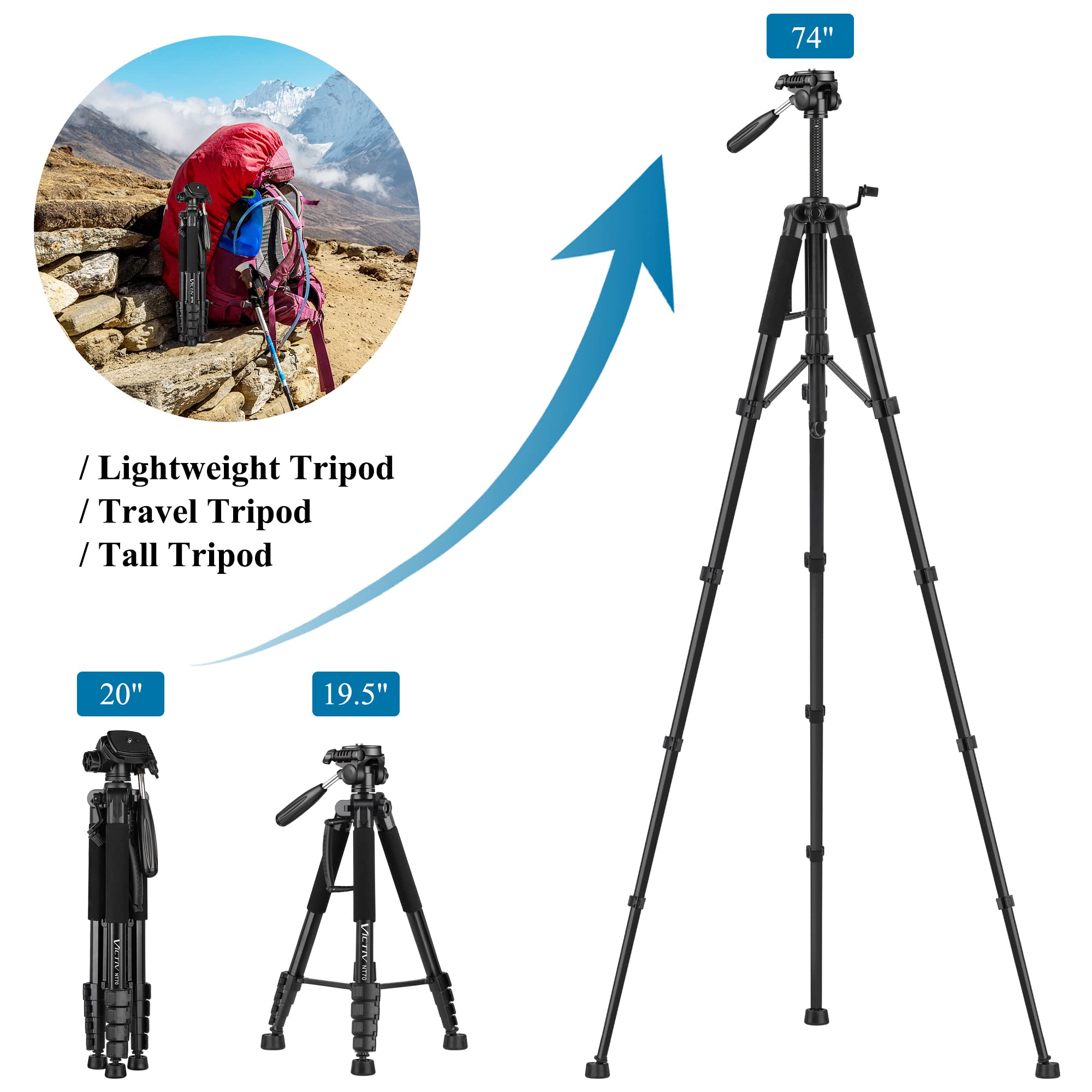 Victiv 74� Camera Tripod, Tripod For Camera And Phone, Aluminum Heavy Duty Tripod Stand For Canon Nikon With Carry Bag And Phone Holder, Compatible With Dslr, Iphone, Spotting Scopes, Max Load 15 Lb