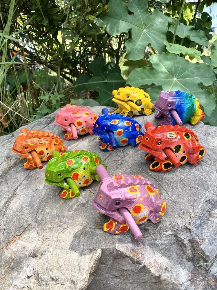 4 Inch Guiros Percussion Instruments Wooden Frog, Wooden Frog Musical Instrument Home Decor Handcrafted Decoration (Green Fancy