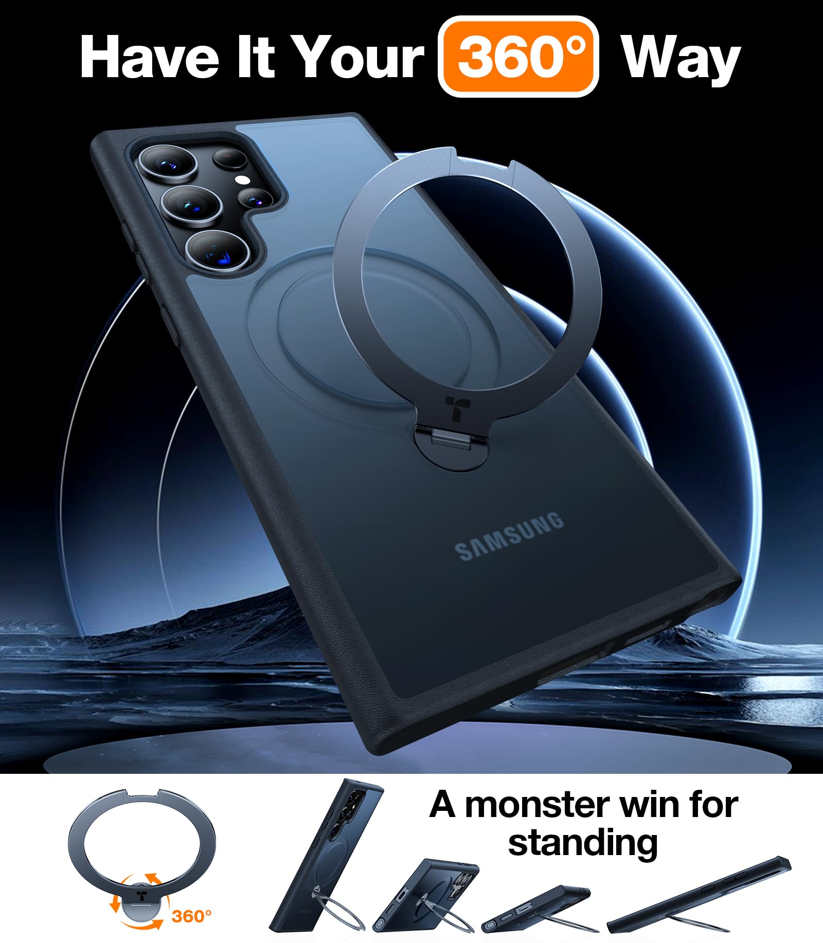 Torras 360Spin Magnetic Stand For Samsung Galaxy S24 Ultra Case, Compatible With Magsafe, Military Grade Shockproof Slim Protect