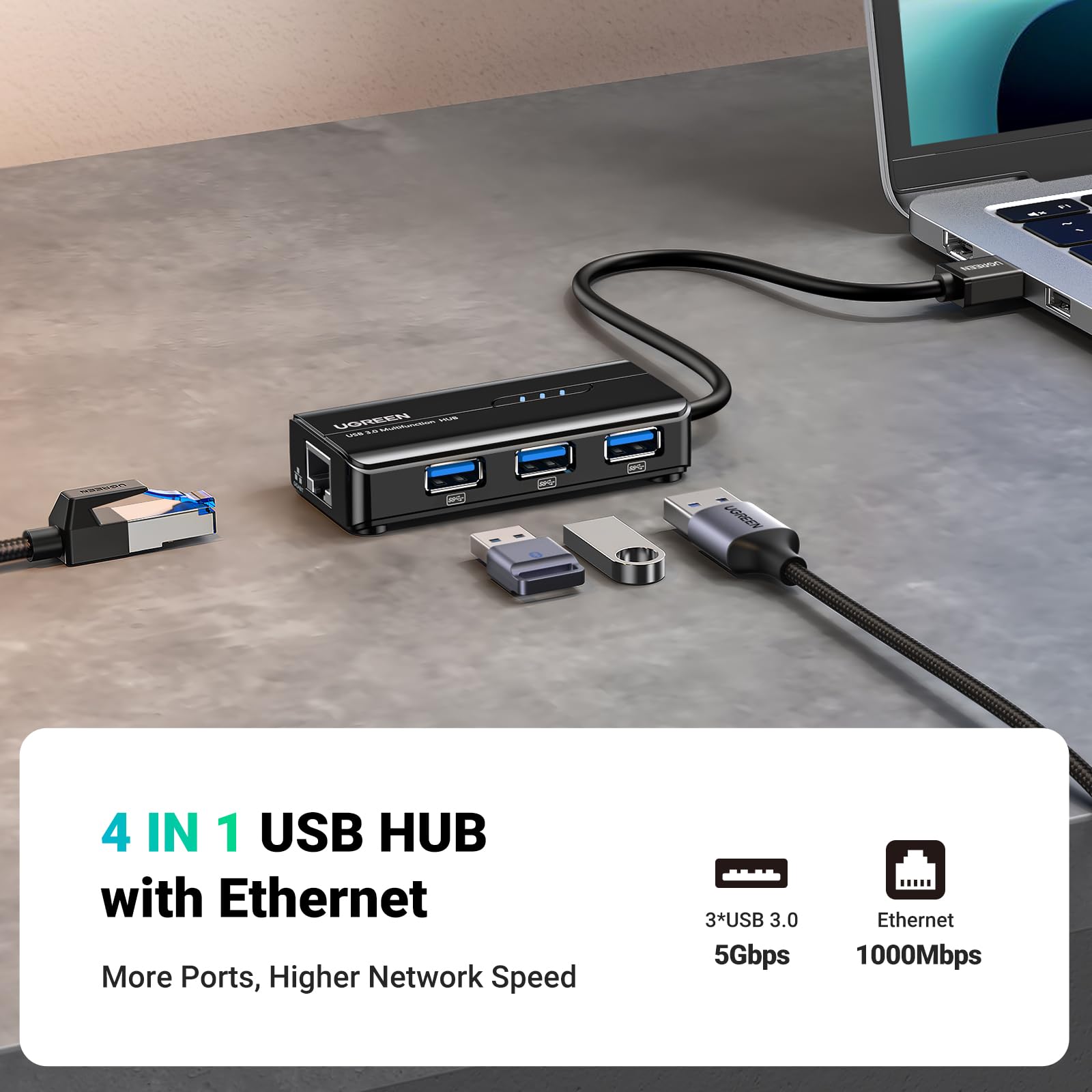 Ugreen Usb 3.0 Hub Ethernet Adapter 10 100 1000 Gigabit Network Converter With 3 Usb 3.0 Ports Hub Compatible With Laptop Pc Nin