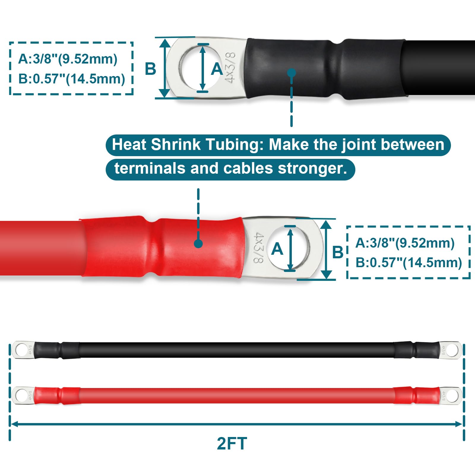 Zonbang 4 Awg Battery Cable With 3/8 Inch Terminals, Copper Battery Inverter Cables For Car Rv Automotive Solar, 2Ft (2 Pack)