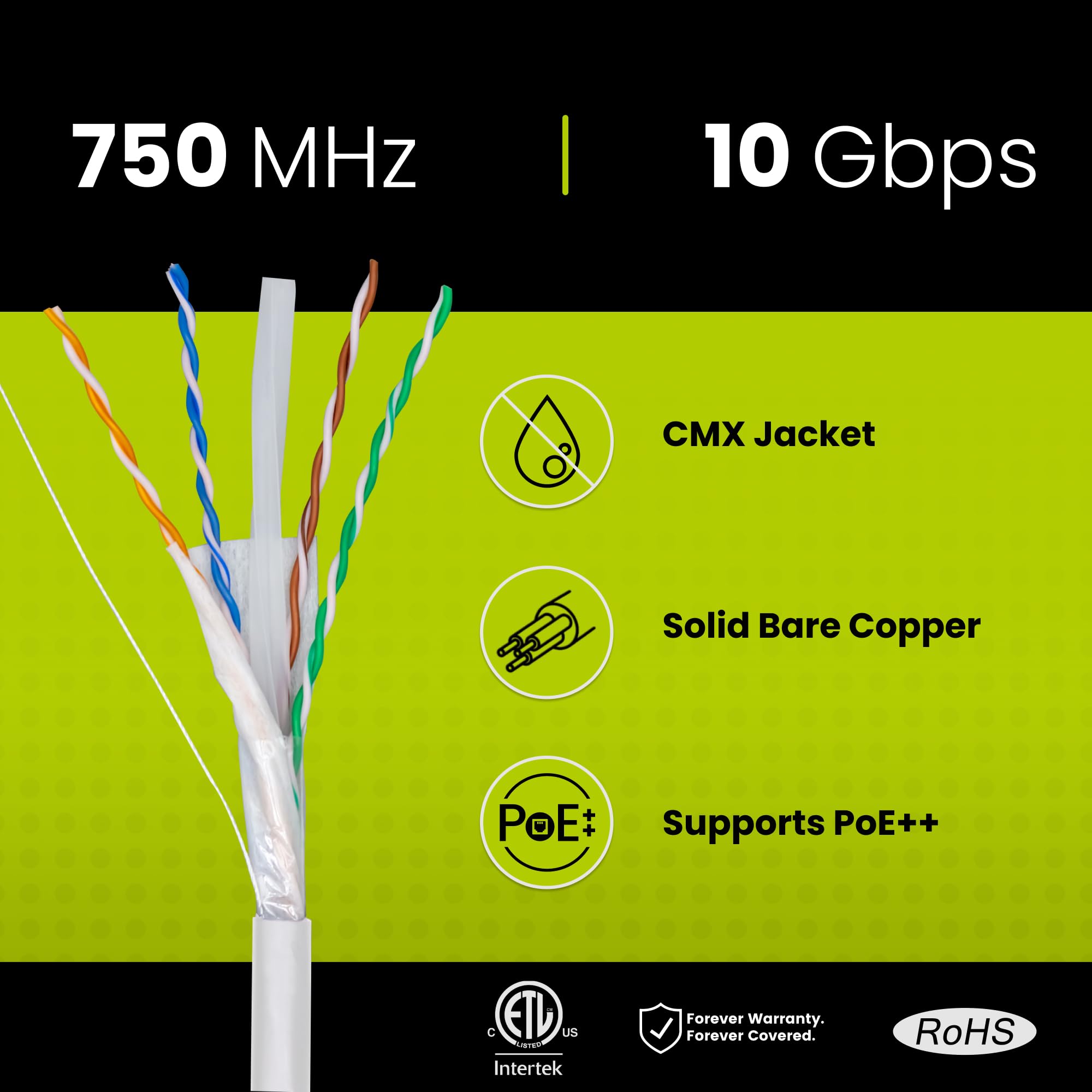 Truecable Cat6A Direct Burial, 500Ft, Waterproof, Outdoor Rated Cmx, White, 23Awg Solid Bare Copper, 750Mhz, Poe++ (4Ppoe), Etl Listed, Unshielded Utp, Bulk Ethernet Cable