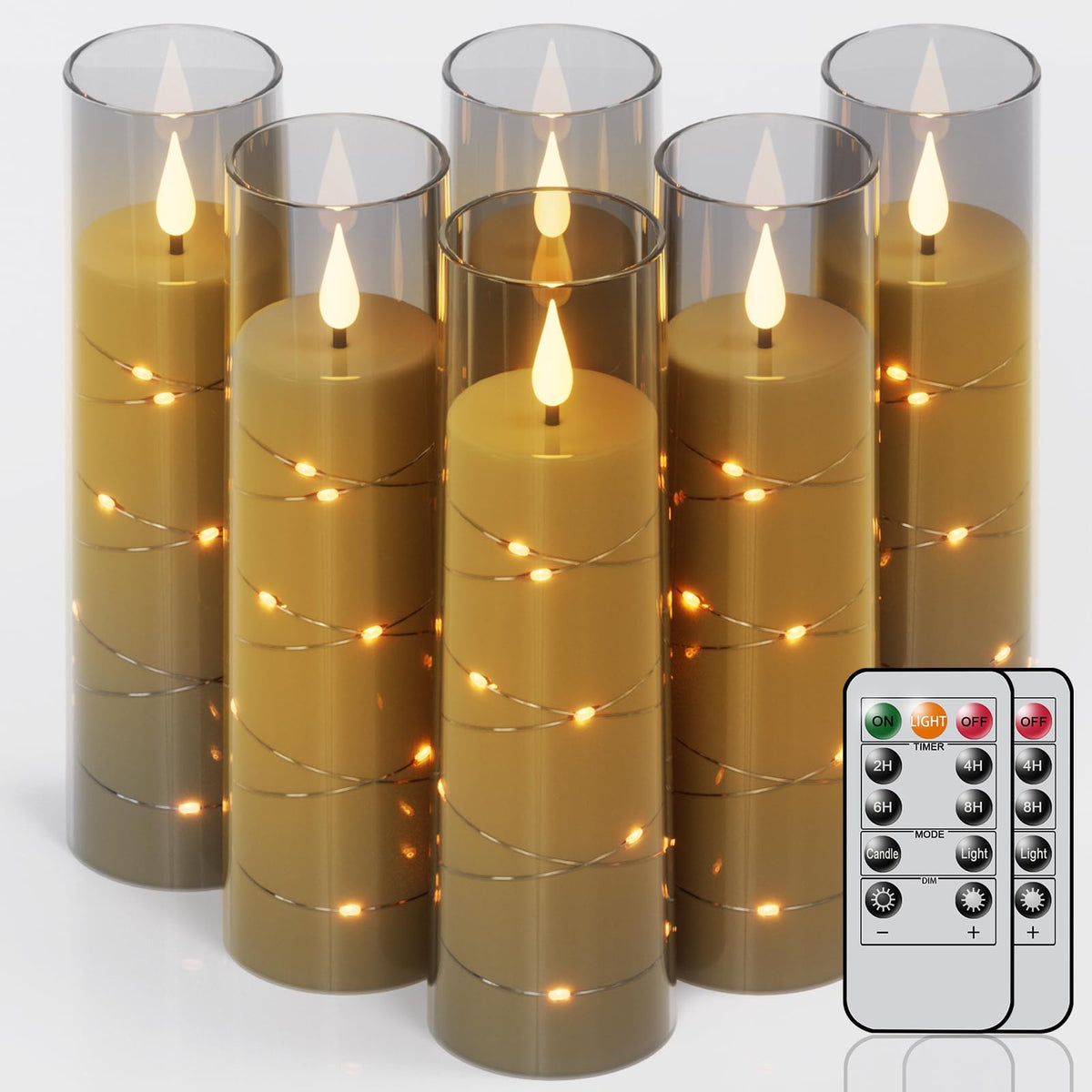 Genswin Flameless Flickering Candles With 2 Remote Timer, 6 Pack Led Battery Operated Candles With Embedded Star String, Pillar 
