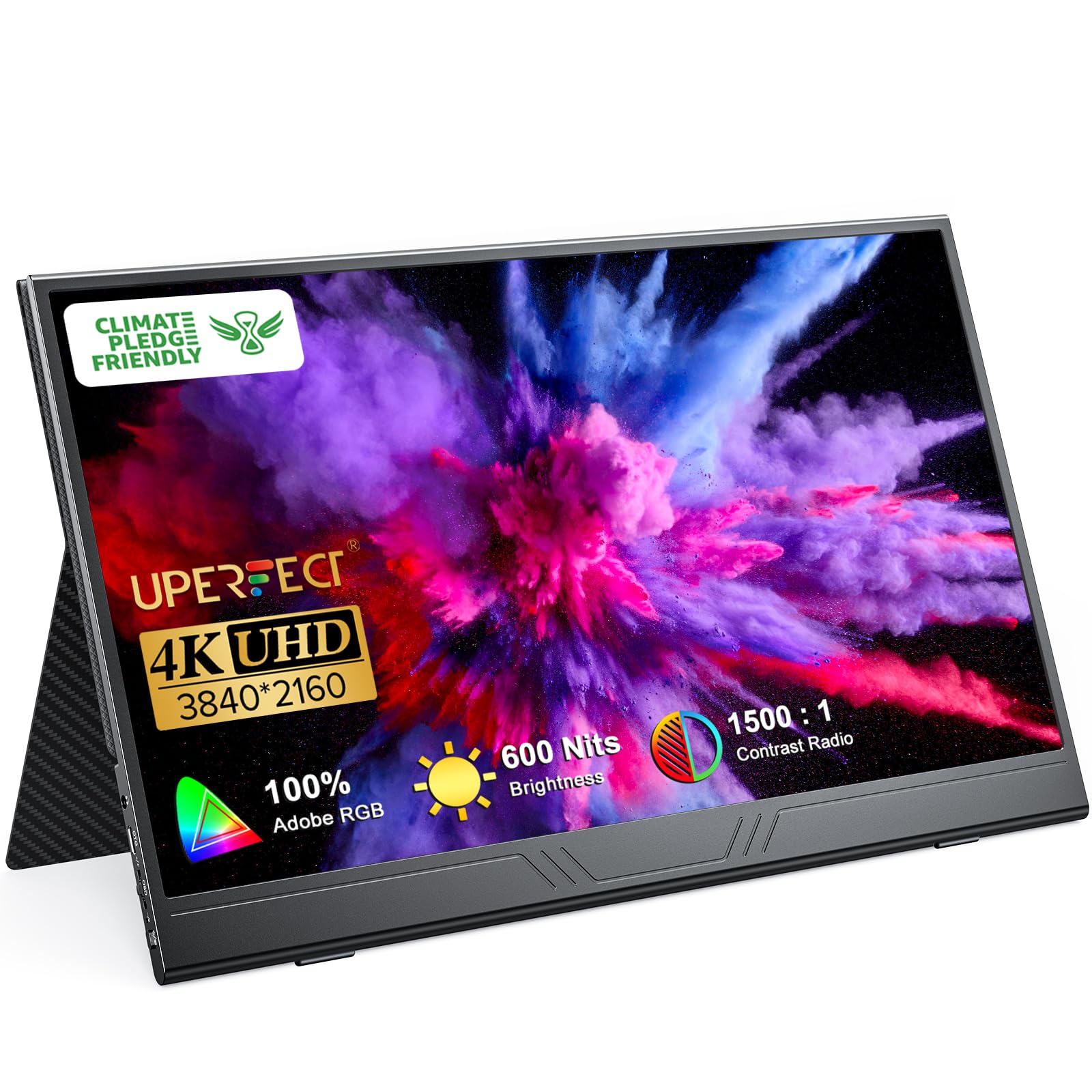Uperfect True 4K Portable Monitor, 600 Nits Brightness 100% Adobergb, Unique Arch Metal Frame, 15.6'' Uhd Ips 3840X2160 Usb C Monitor, Hdr Freesync Dual Speakers Type C Hdmi Otg W/Smart Case