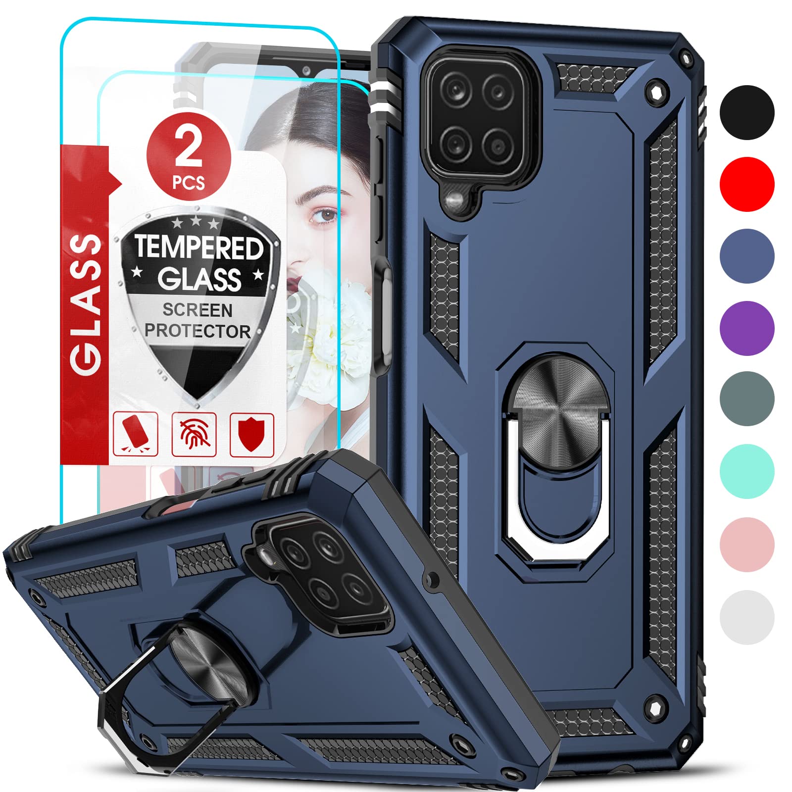 Leyi For Samsung Galaxy A12 Case With Screen Protector [2 Pack], Case For Galaxy A 12 For Men Women, Magnetic Ring Holder Kickst