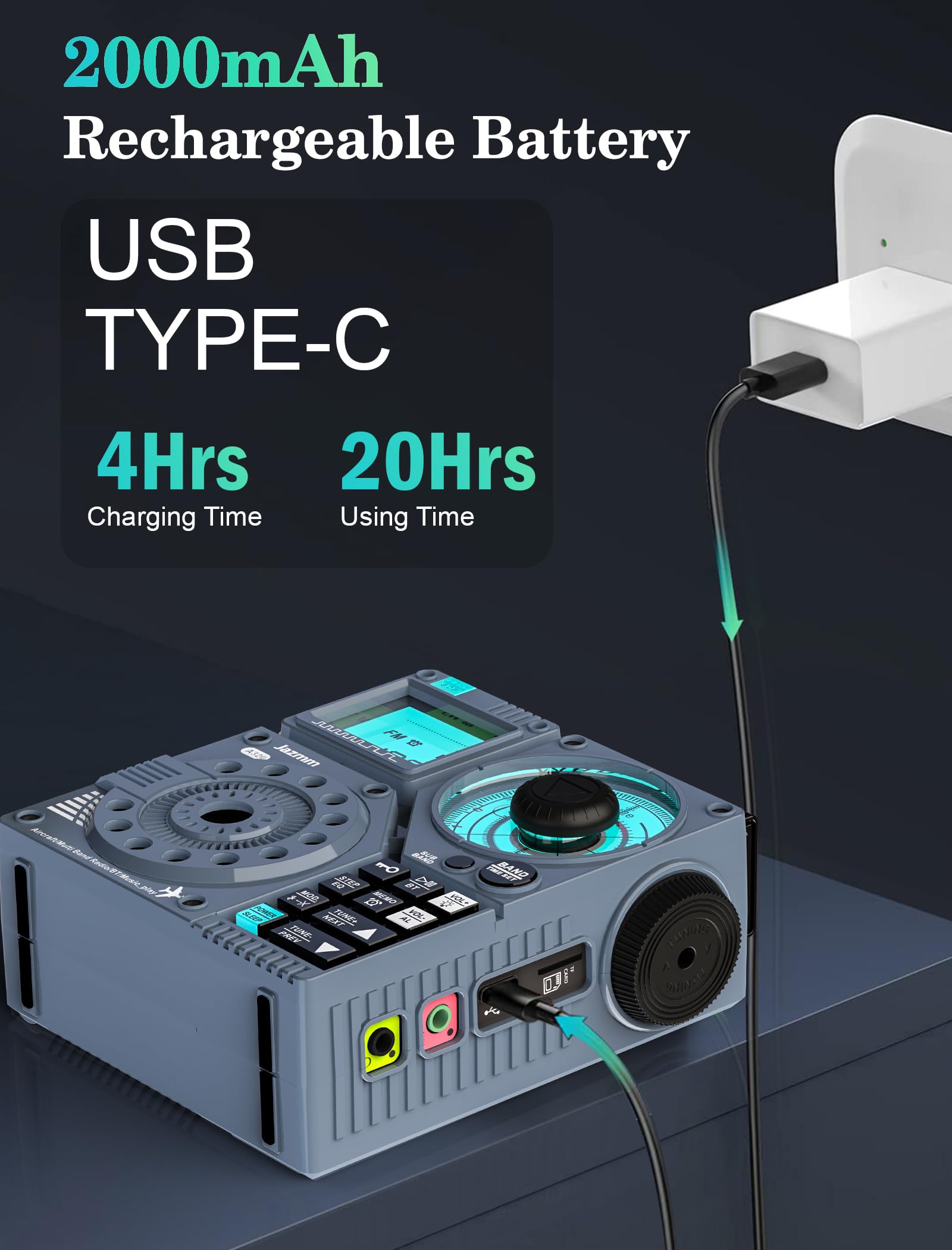 Jazmm Portable Shortwave Radio With 5W Bass Sound, Air/Am/Fm/Vhf/Sw/Wb Worldband Radio With Bluetooth And App Control, 2000Mah Rechargeable Radio With 9.85 Ft Wire Antenna,Flashlight,Recording