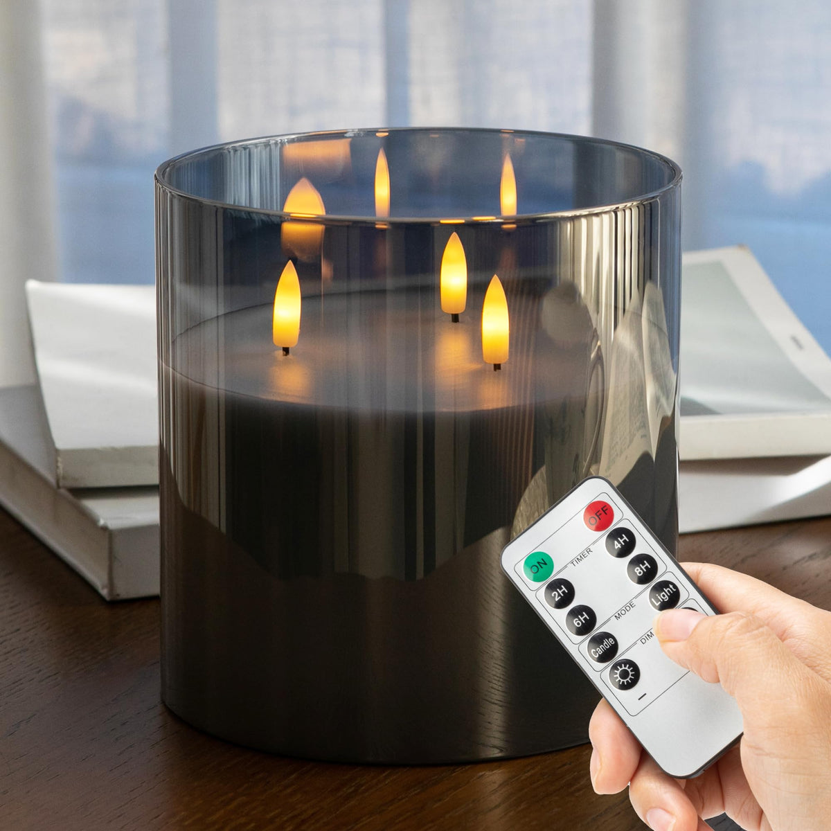Afineth Extra Large Flameless Candles With 3 Wicks, 6''X6'' Glass Battery Operated Candles With Remote, Real Wax Flickering Led 