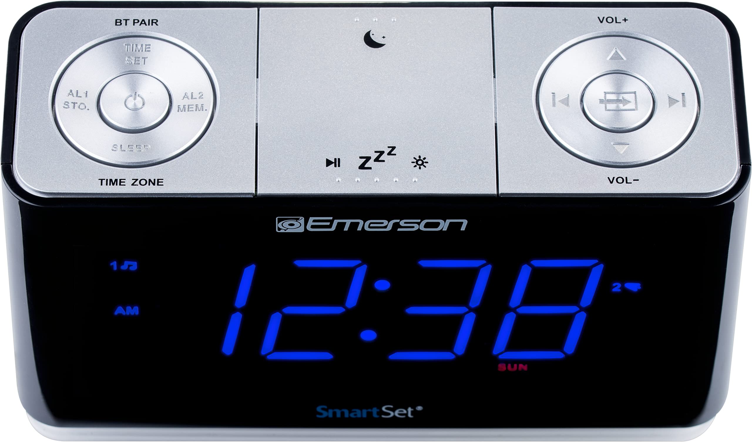 Emerson Radio Smartset Pll Radio Alarm Clock With 1.4    Blue Led, Bluetooth Speaker And Night Light, Cks1507, Black