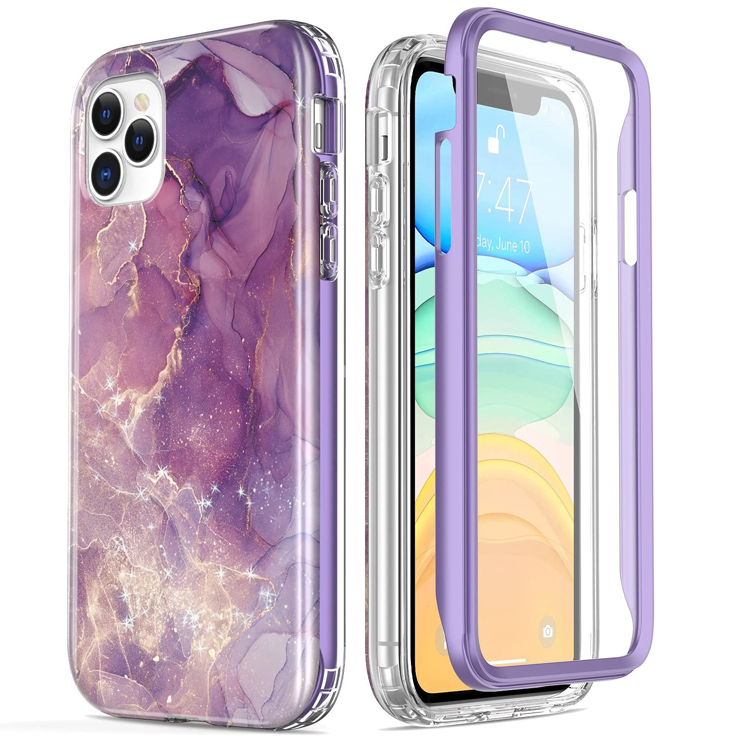 Esdot iPhone 12 Pro Max Case with Built-in Screen Protector, TPU Glitter Purple Marble 6.7 inch