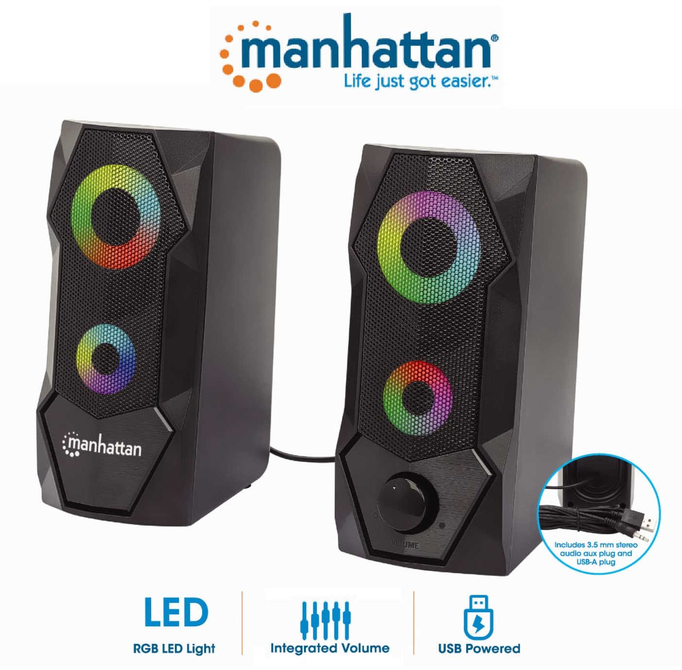 Manhattan Usb Powered Rbg Gaming Speakers - With Stereo Sound, Long 6Ft Cord, Colorful Lights, Volume Control & 3.5 Mm Audio Plu