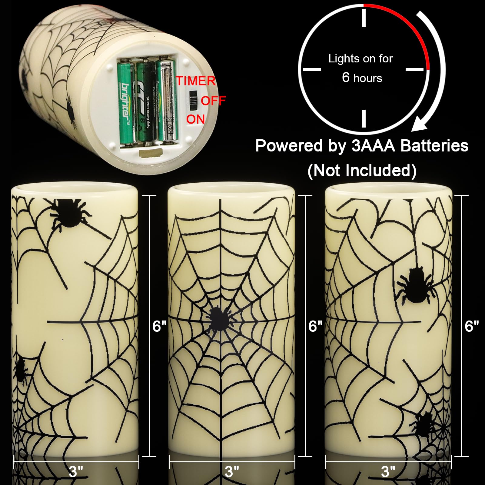Dromance Flameless Candles Battery Operated With Timer, Set Of 3 Spider Cobweb Decals Yellow Light Real Wax Led Flickering Pilla