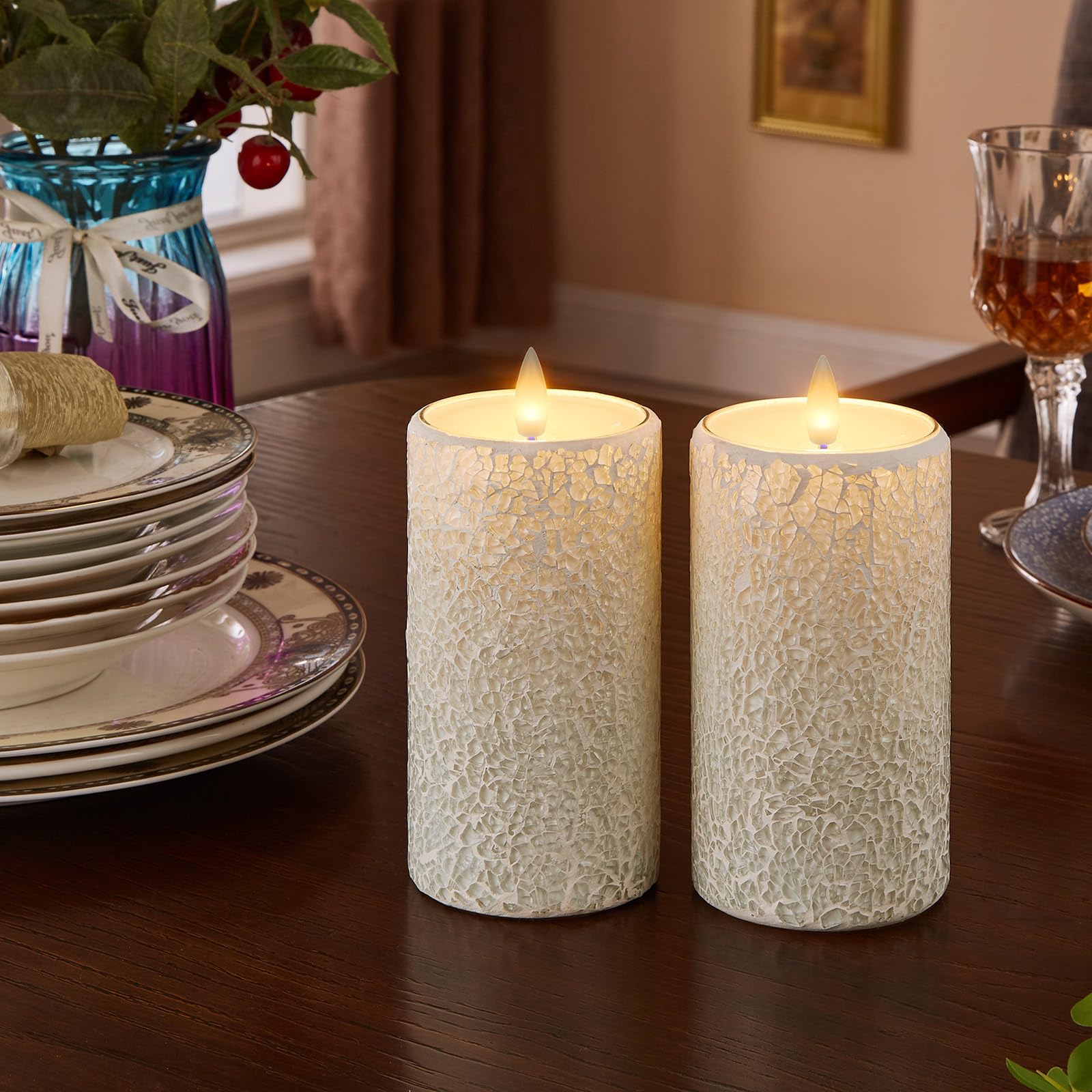Cozierglow Mosaic Flameless Pillar Candles Flickering With Remote Timer, Battery Candles Up To 400 Hours, 3D Moving Flame Real W