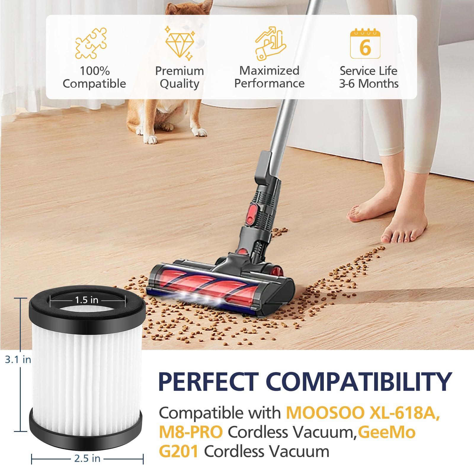 Xl 618A Flit Er Compatible With Moosoo Xl 618A And M8 Pro Cordless Vacuum, H13 True Hepa Filt Er, 6 Pack