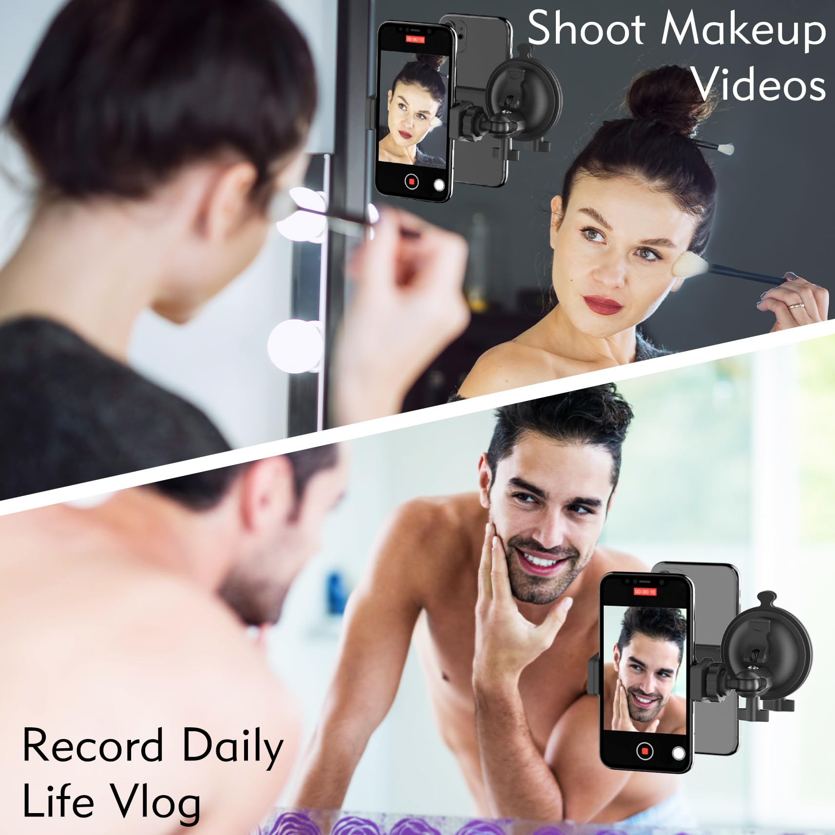 Hztint Shower Mirror Phone Holder, Suction Cup Mirror Phone Mount For Shower Mirror Bathroom Glass Kitchen Tile, Tiktok Youtube