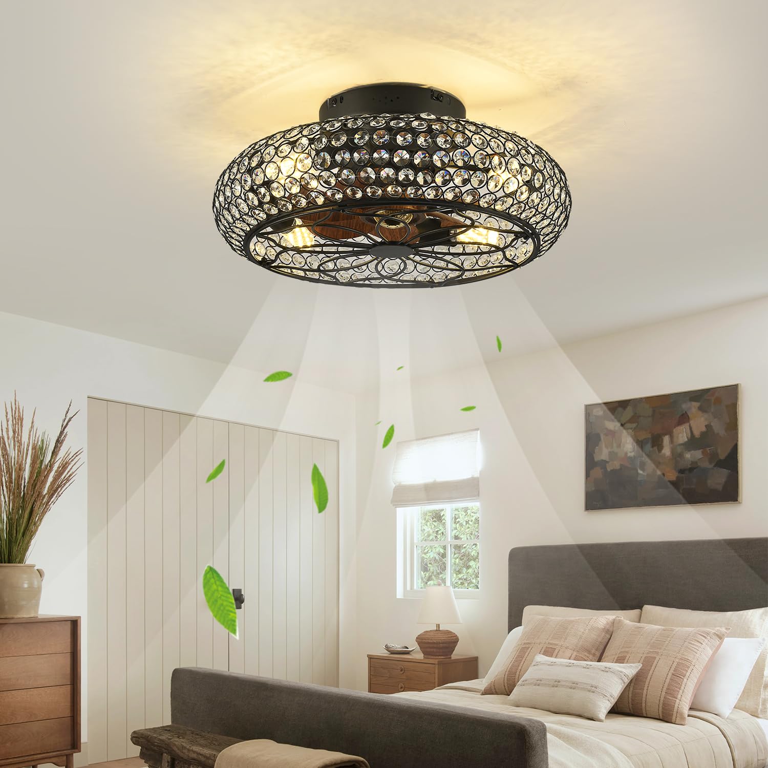 Xudom Caged Crystal Ceiling Fans With Lights And Remote,18.8'' Flush Mount Low Profile Ceiling Fan With Light,6 Speed Enclosed C