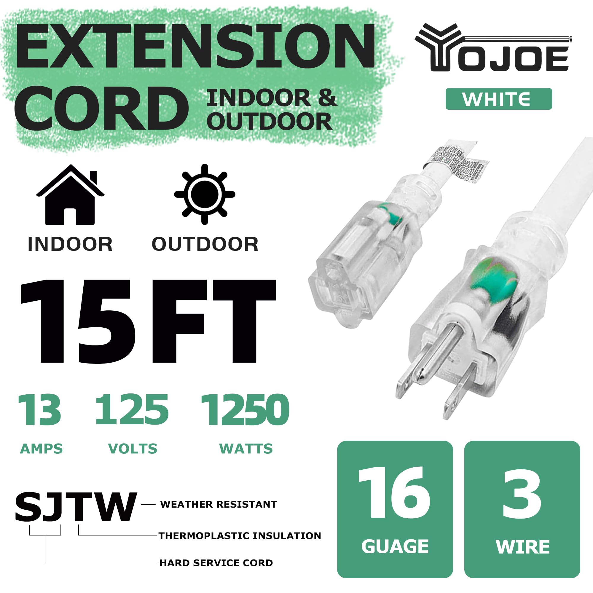 Yojoe Indoor Outdoor Extension Cord With Lighted End, 3 Prong 13A Weatherproof Power Extension Cord, 16 Gauge Heavy Duty 15 Ft W
