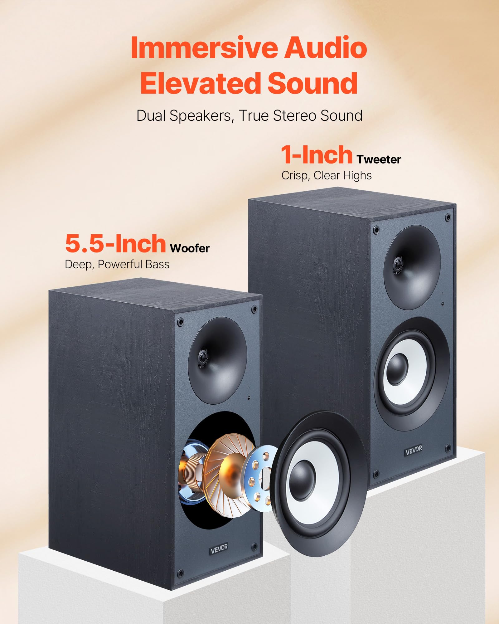 Vevor Powered Bookshelf Speakers, 25W X 2, Active Studio Monitor Speaker With 5.5 Inch Woofer, Bluetooth/Rca/Coaxial/Optical/Usb