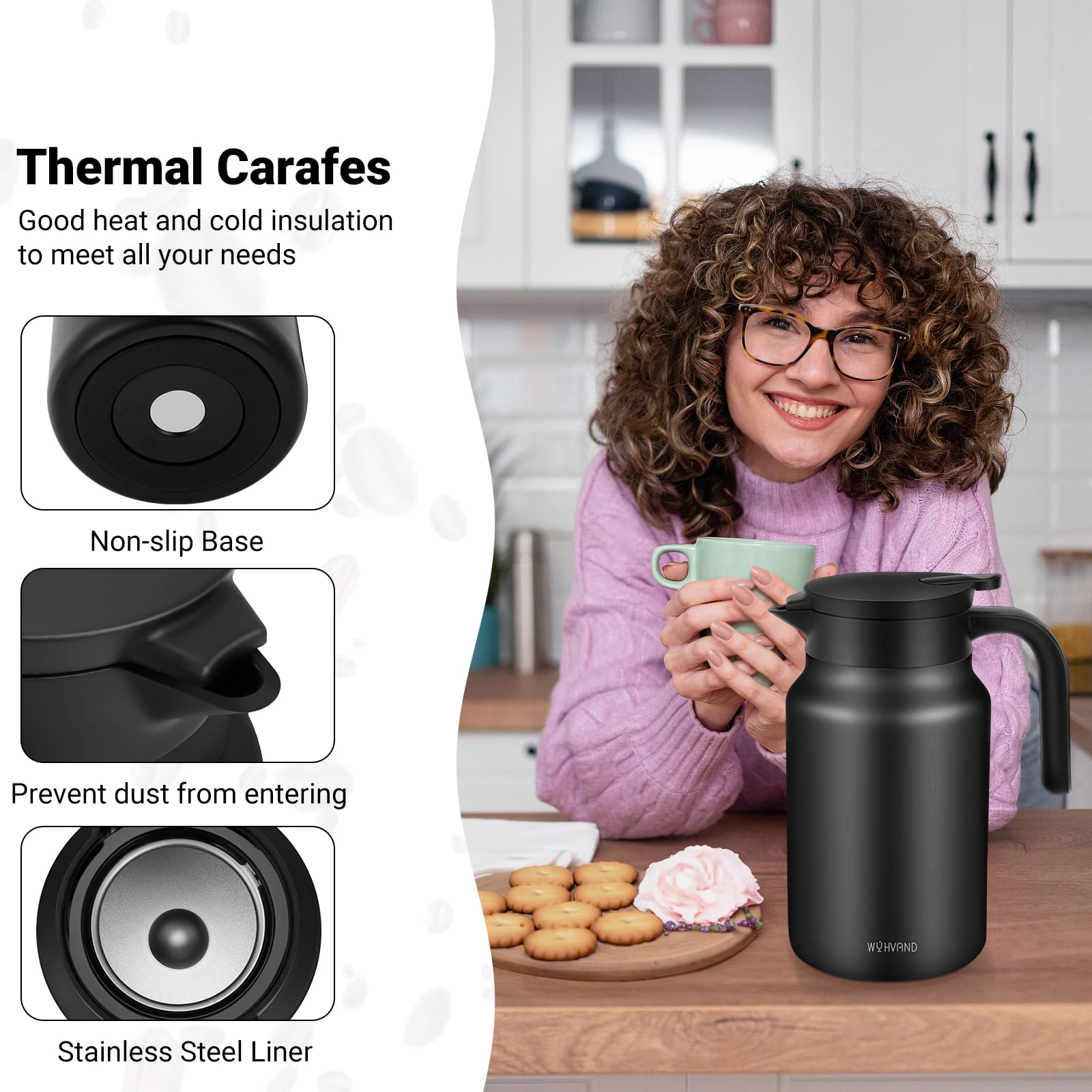 Wyhvand 51Oz Thermal Coffee Carafe For Hot/Cold, Stainless Steel Thermos Carafe For Hot Liquids, Dustproof Insulated Hot Water C