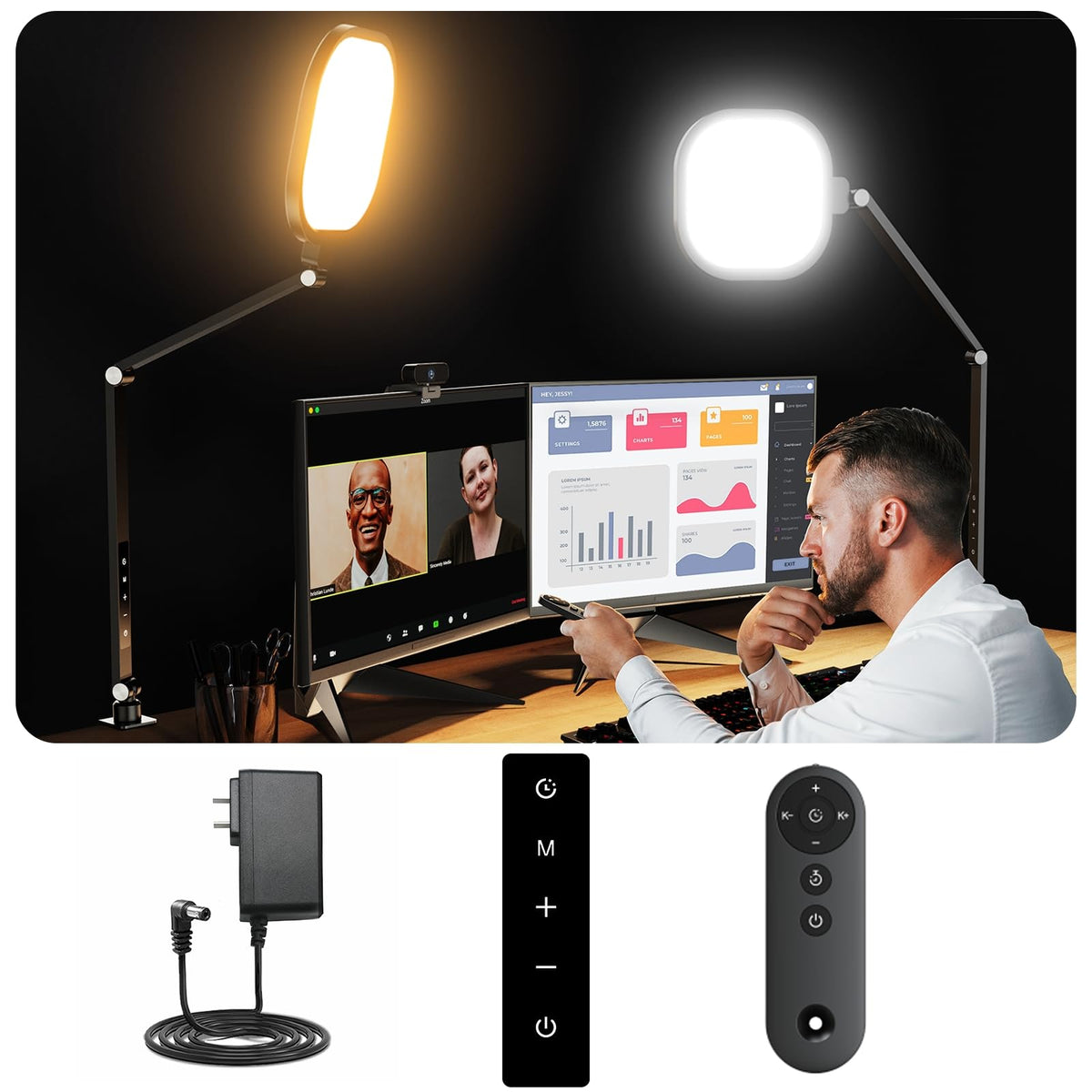 1Pack Video Conference Lighting, 15W Zoom Lighting For Computer With Clamp, Eye Caring Side Emitting Tech Swing Arm Desk Light W