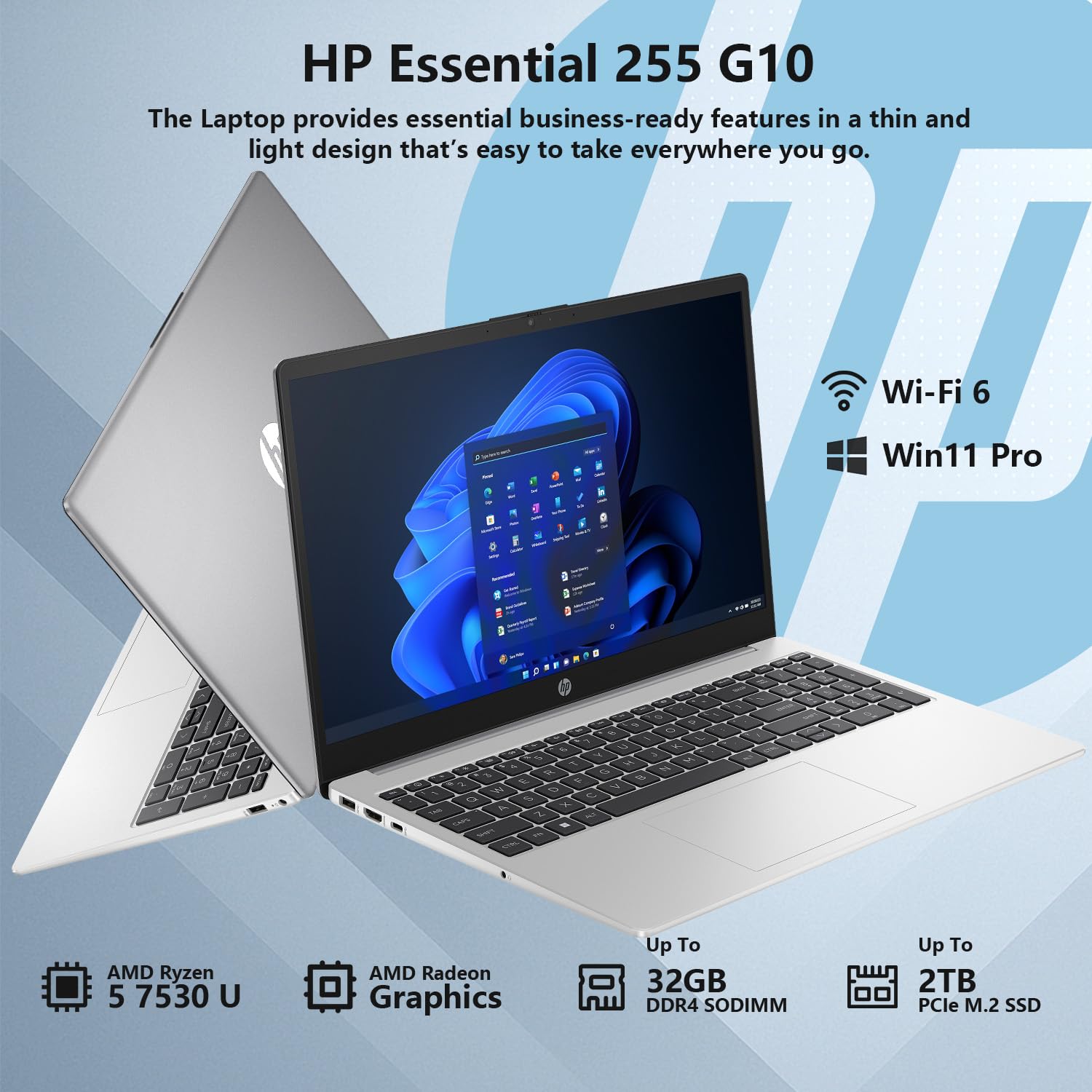 Hp Essential 255 G10 Entry Business Laptop, 15.6'' Fhd Anti-Glare Display, Amd Ryzen 5 7530U, Radeon Graphics, 32Gb Ram, 1Tb Ssd