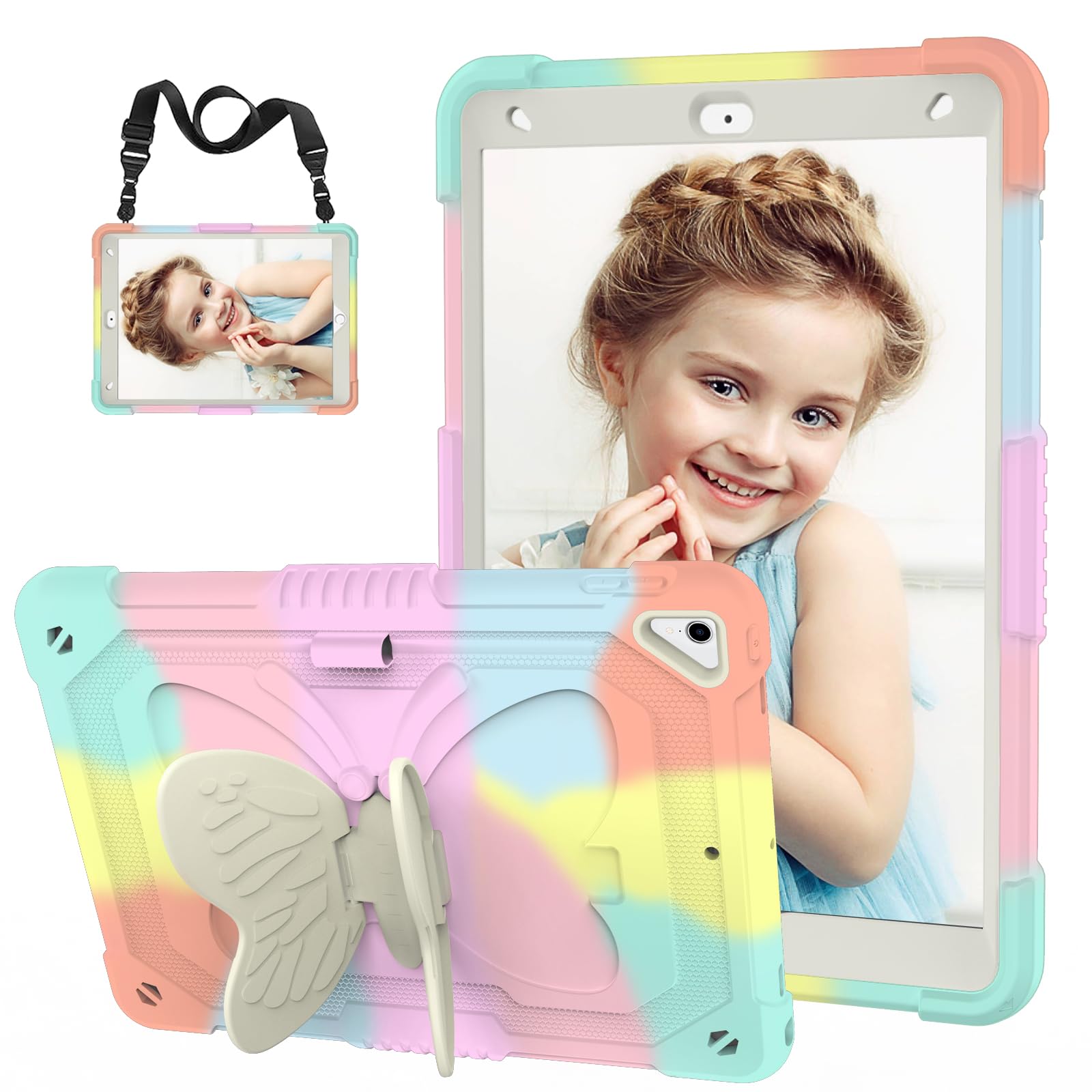Hogenl For Ipad 9Th 8Th 7Th Generation Case For Kids Girl With Pencil Holder, For Ipad 10.2 Case With Butterfly Stand Shoulder S