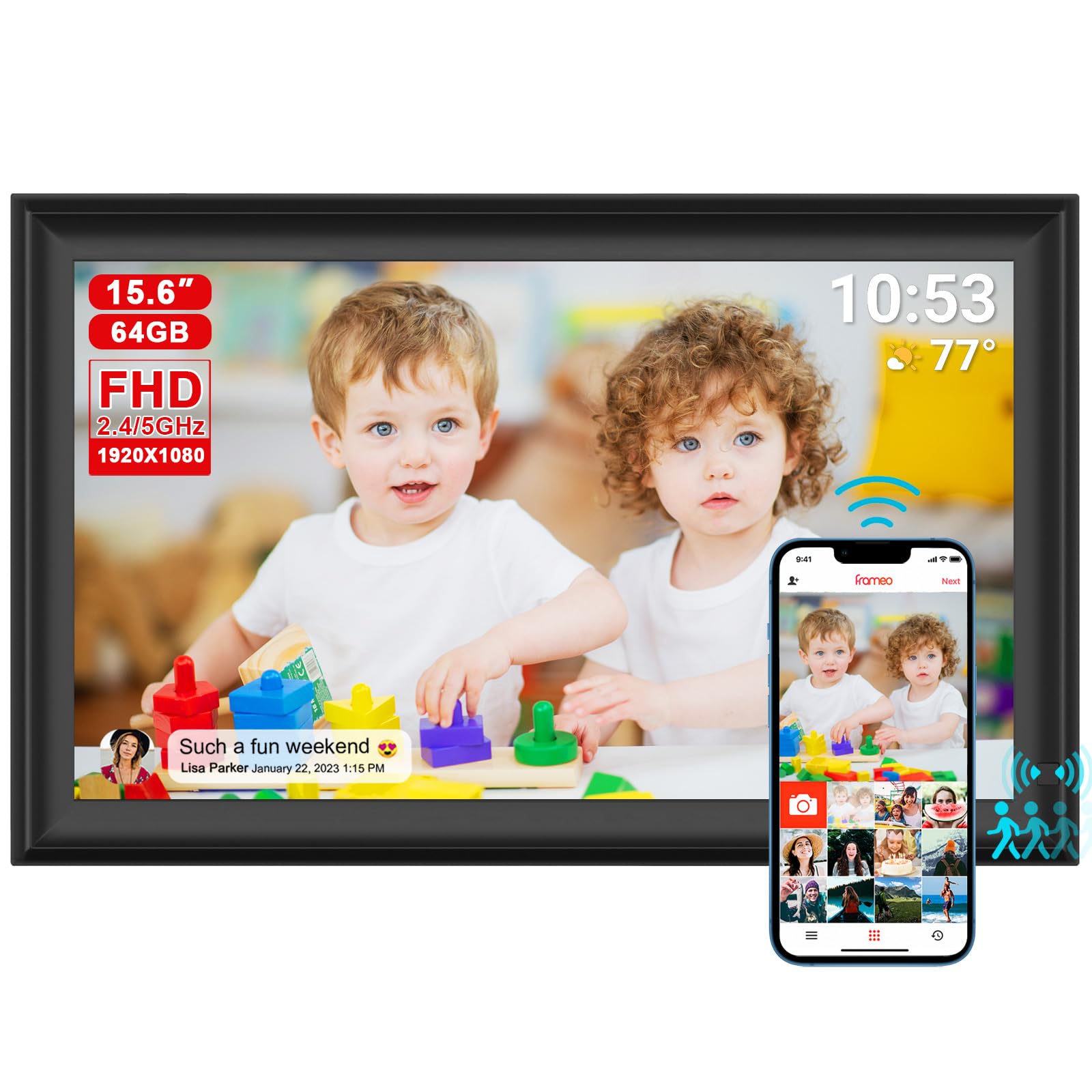 64Gb 15.6Inch Frameo Digital Photo Frame With 1920X1080 Fhd Ips Lcd Touch Screen, Dual Wifi Share Photos & Videos Via Frameo App