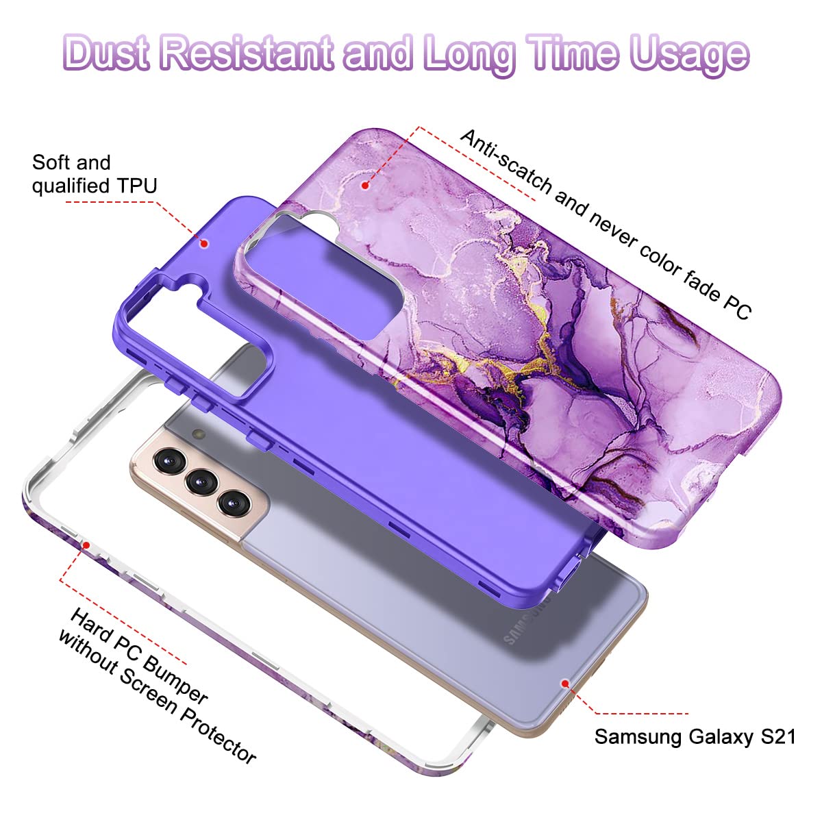 Lamcase For Galaxy S21 5G Case, Heavy Duty Shockproof Hybrid Hard Pc Soft Tpu Bumper Three Layer Drop Protection Anti Fall Cover
