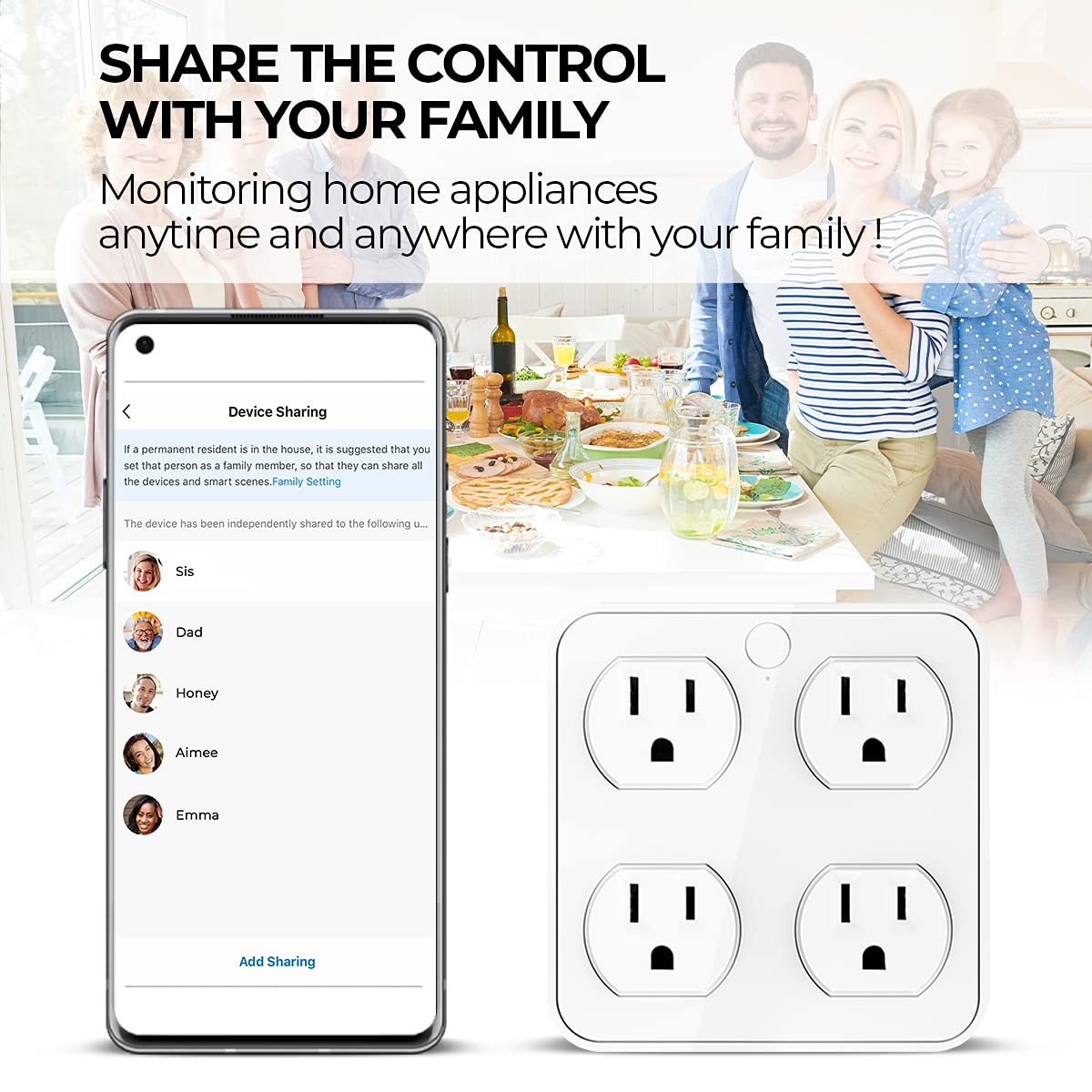 Eco4Life Wireless Wall Tap Smart Plug,Surge Protector, 4 Outlet Extender With 4 Usb Charging Ports, Compatible With Alexa Google