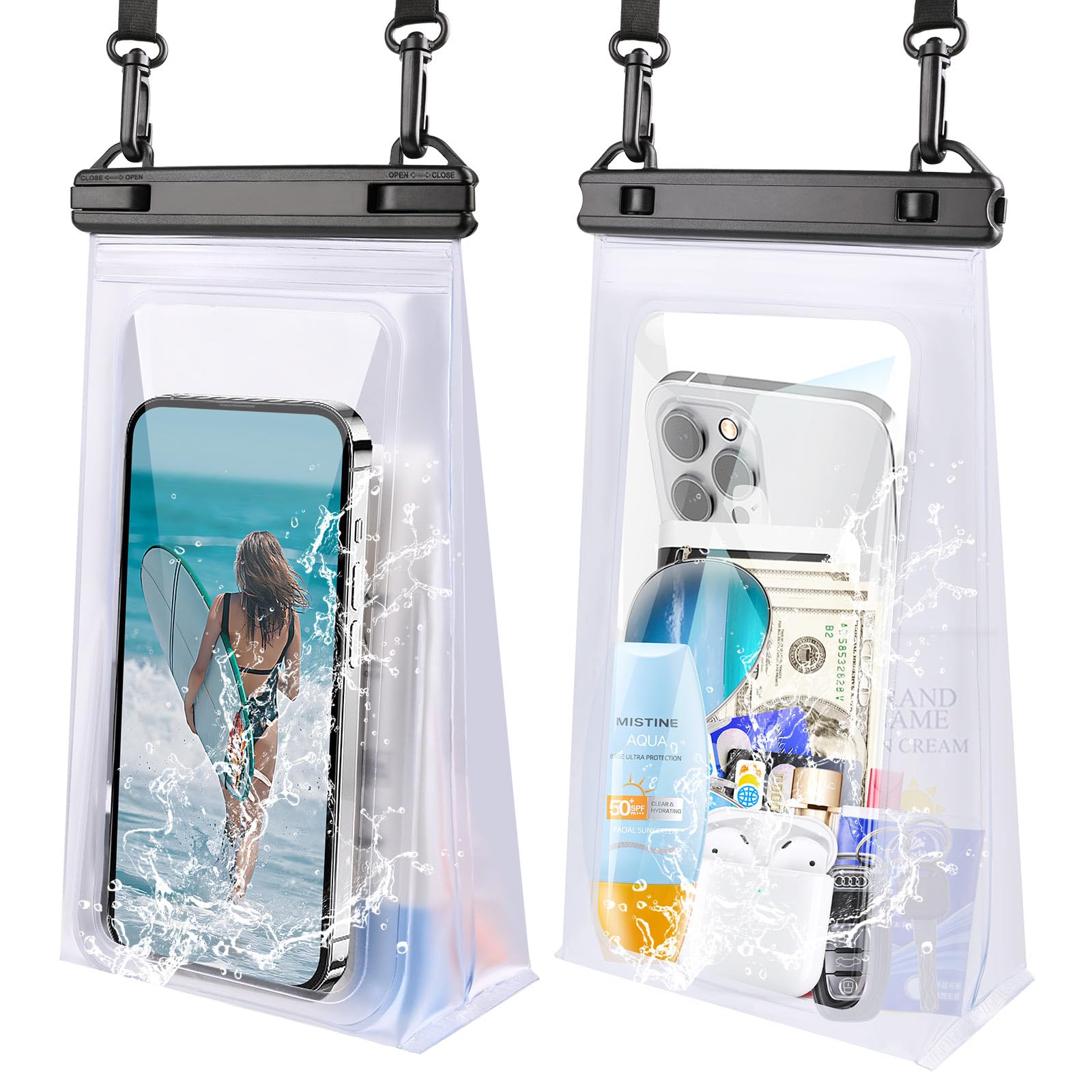Large Waterproof Phone Pouch, [2 Pack] [[Double Seals] Floating Waterproof Pouch for Kayak/Beach/Cruise Travel Essentials, Cell 