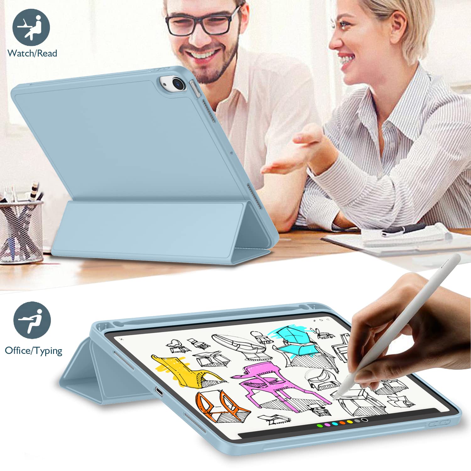 Imieet Ipad Air 11 Inch Case M3(2025) / M2 (2024), Ipad Air 5Th/4Th Generation Case 2022/2020 10.9 Inch With Pencil Holder,Trifold Stand Smart Case With Soft Tpu Back(Light Blue)