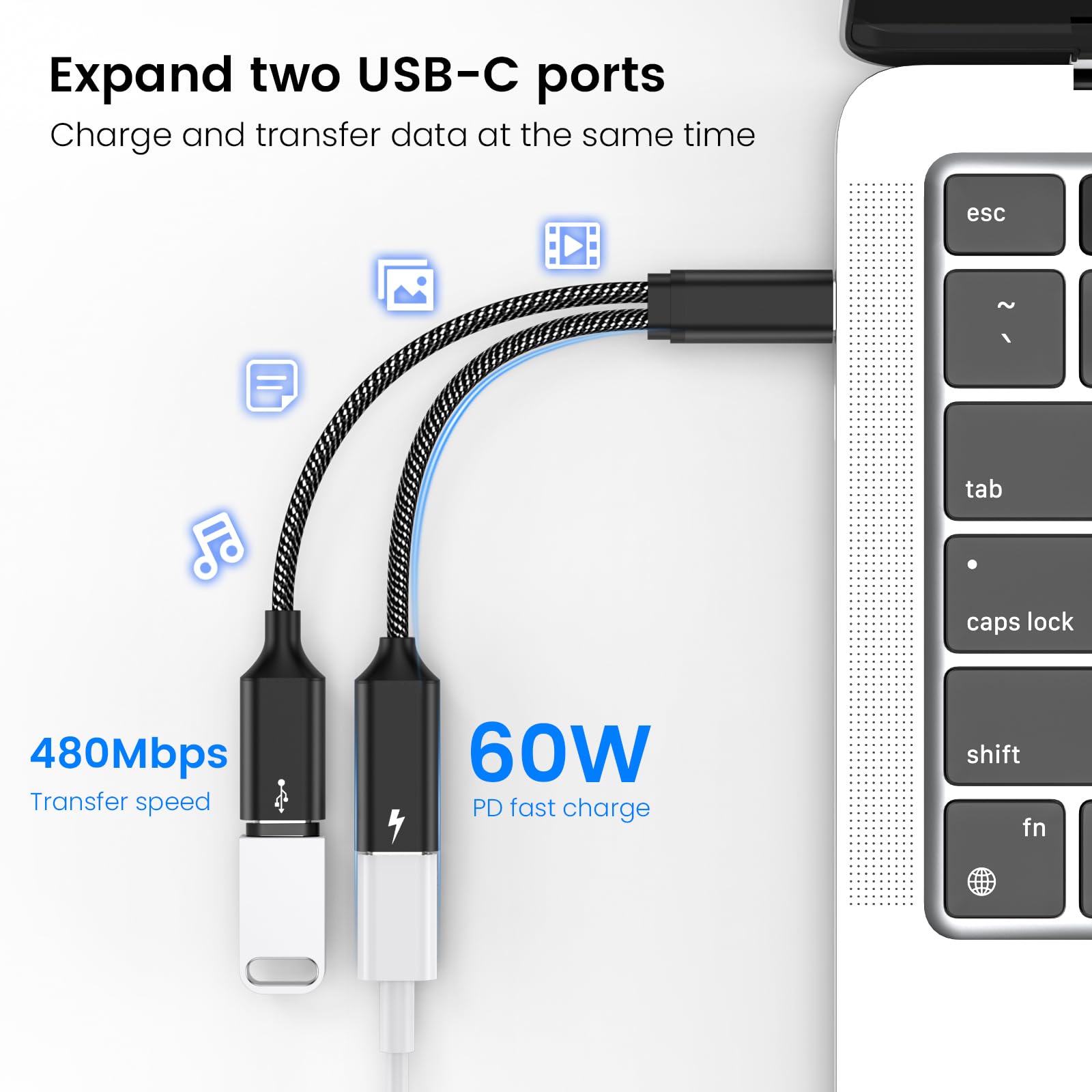 Mogood Usb C Splitter Usb C To Usb C Female Adapter Usb Y Splitter Cable(Not For Monitor)Usb C Male To 2Usb C Female Cord Double