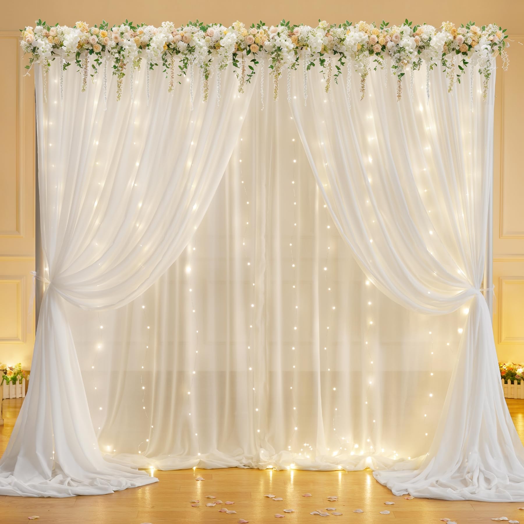 10Ft X 7Ft Cream White Chiffon Backdrop Curtain With Lights String For Parites Wedding Wrinkle Free Curtain Photo Backdrops Drap