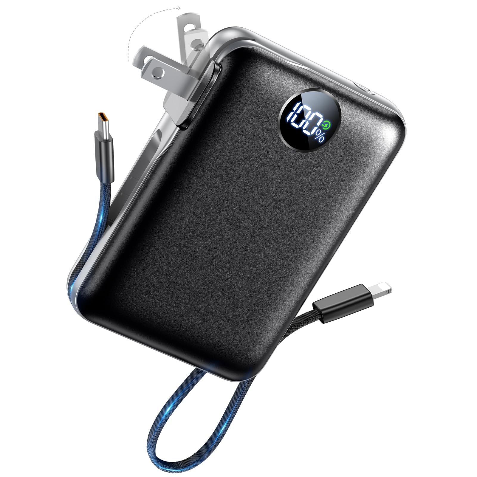 Portable Charger with Built in Cables & Wall Plug,10000mAh Power Bank, 4 Outputs,22.5W USB C Fast Charging,Slim Travel Essential