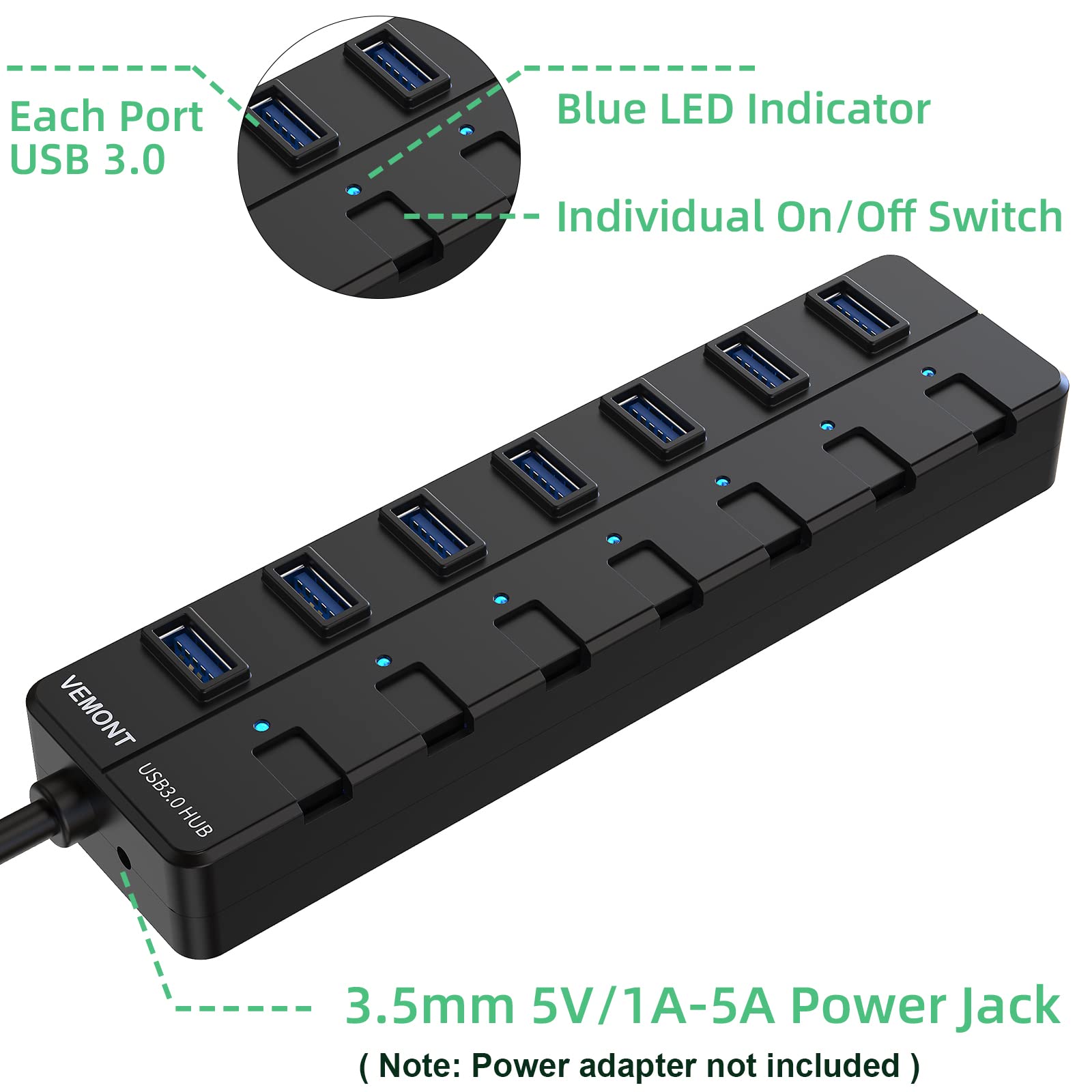 Usb Hub,7 Port Usb 3.0 Hub,Vemont Usb Splitter With Individual On/Off Switches And Lights, 4Ft/1.2M Usb Hub Long Cable, Usb Extension For Laptop And Pc Computer