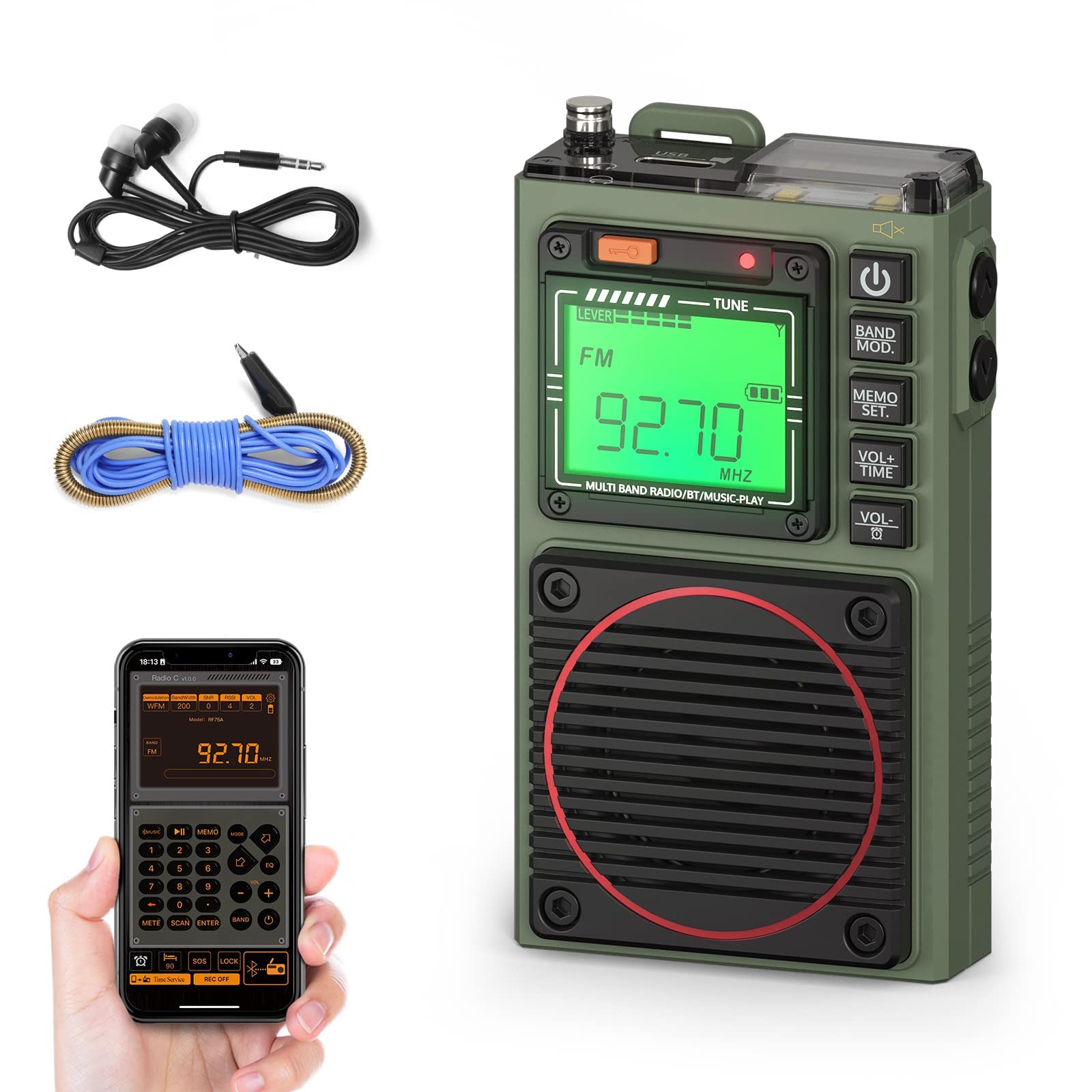 Raddy Rf75A App Control Shortwave Radio, Portable Am/Fm/Vhf/Sw/Wb Weather Radio With Bluetooth, Pocket Radio Rechargeable W/ 9.8