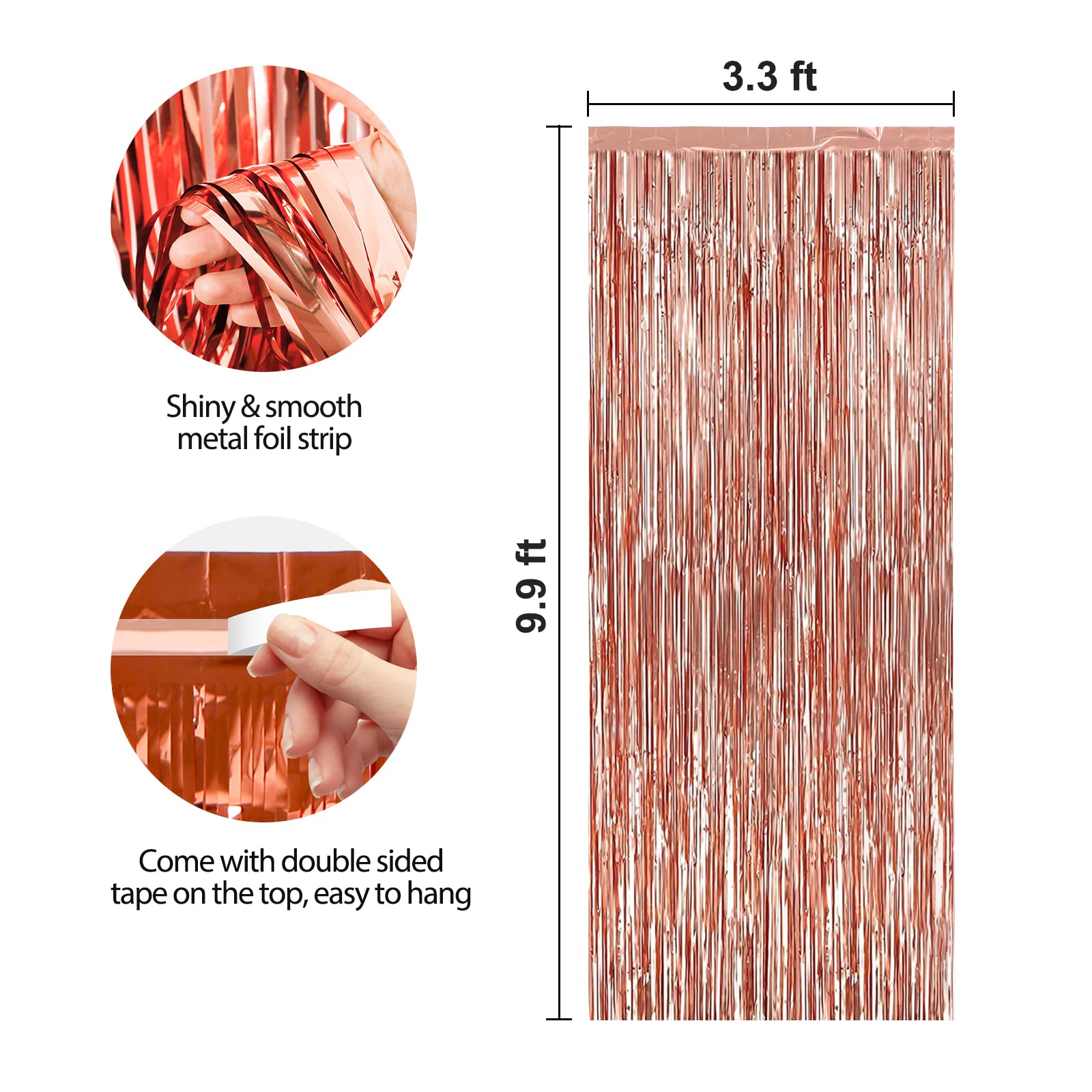 Crosize 3 Pack Backdrop Curtain, 3.3 X 9.9 Ft Rose Gold Foil Fringe, Streamers Birthday Party Decorations, Tinsel Curtain For Pa