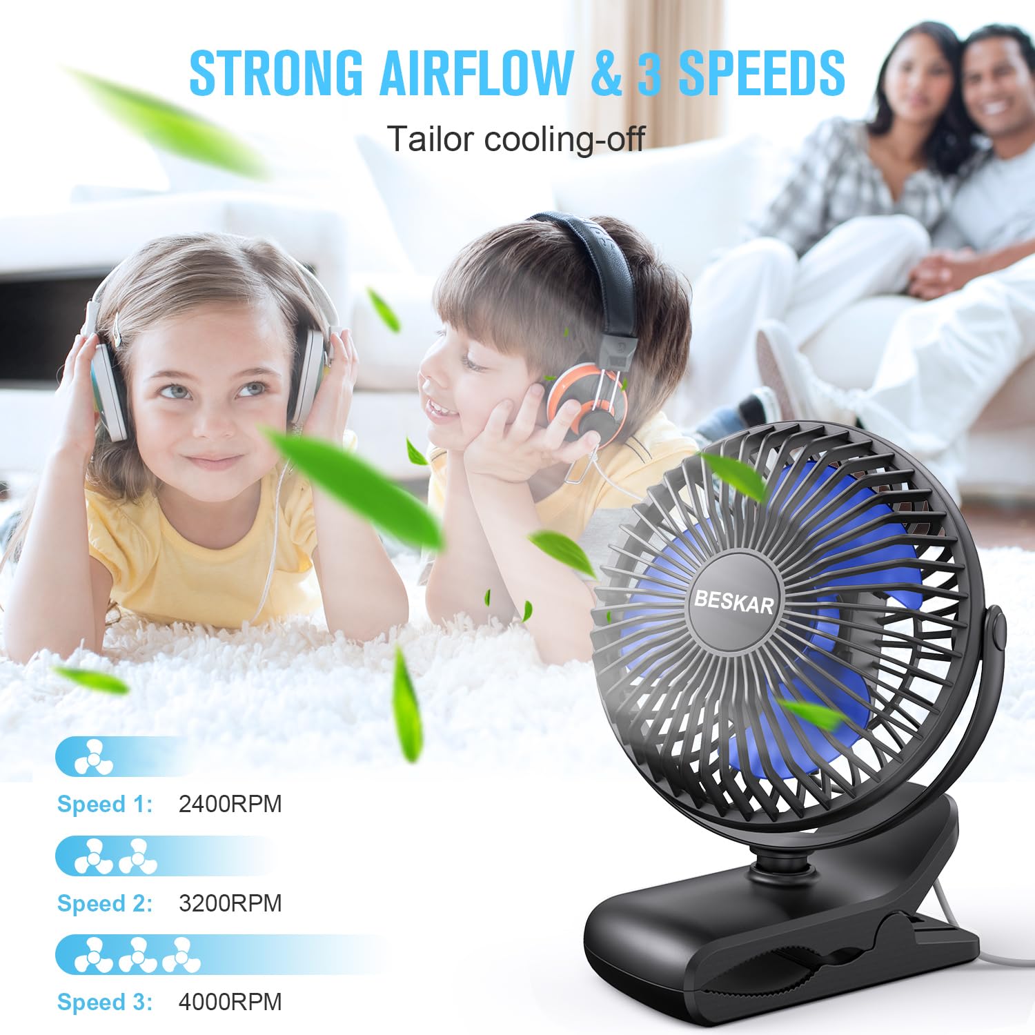 Beskar Usb Clip On Fan, Portable Small Fan With Cord Powered, 3 Speeds Strong Airflow, With Sturdy Clamp, Quiet Personal Desk Fa
