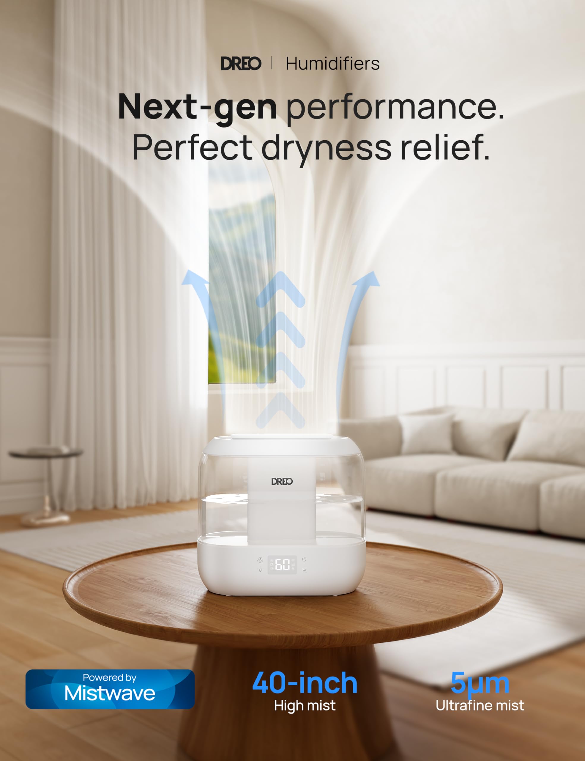 Dreo Smart Humidifier, Cool Mist Humidifiers For Bedroom, Quiet 4L Top Fill Ultrasonic Humidifiers For Home Office Plant & Baby