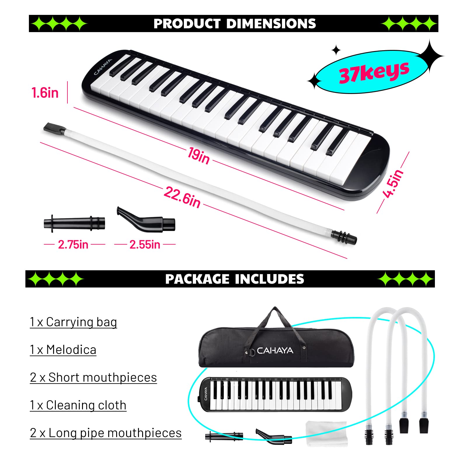 Cahaya Melodica 37 Keys With Carrying Bag And 2 With Mouthpieces Air Piano Keyboard Musical Instrument For Kids And Adults, Blac