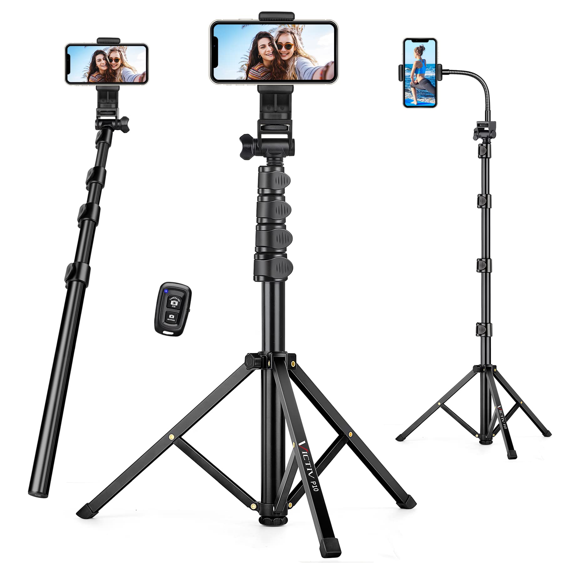 74 Inch Phone Tripod, Tall Cell Phone Tripod With Adjustable Gooseneck And Remote, Portable Phone Stand Tripod For Recording, Se
