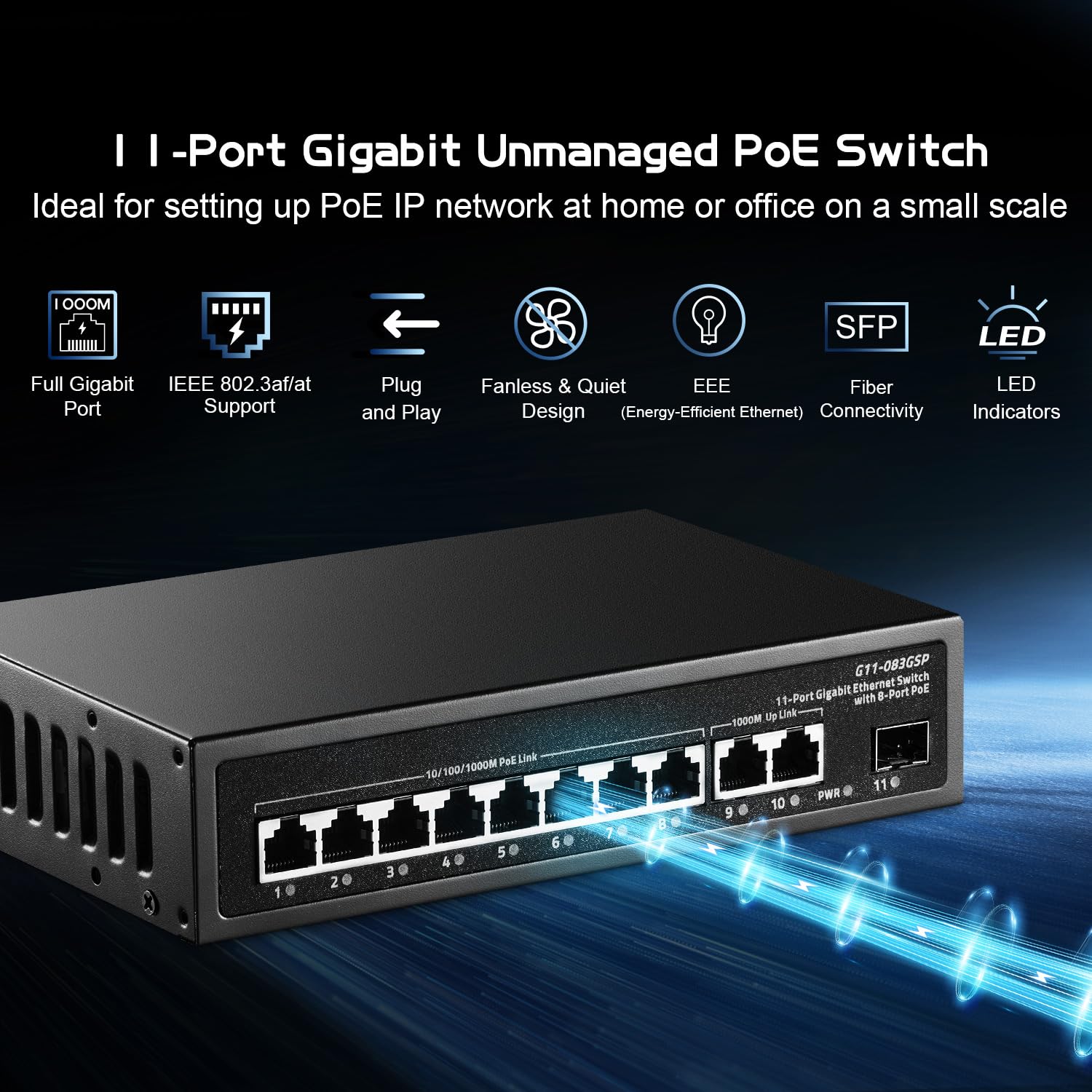 Binardat 11 Port Gigabit Poe Switch, 8 Poe+ Ports 1000Mbps, 2 Gigabit Uplink, 1 Gigabit Sfp, Ieee802.3Af/At, 135W Power Supply,