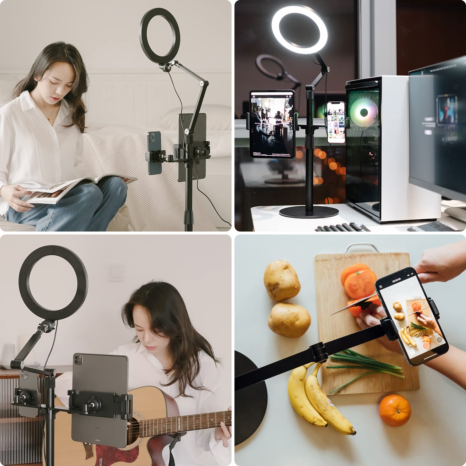 viozon 3 in 1 Selfie Desktop Live Stand, Height Adjustable/Overhead, 8' LED Ring Light, Compatible with 3.5 13' Tablet& Phone, Suitable for YouTube/Tiktok/Recording/Streaming/Online Meeting B