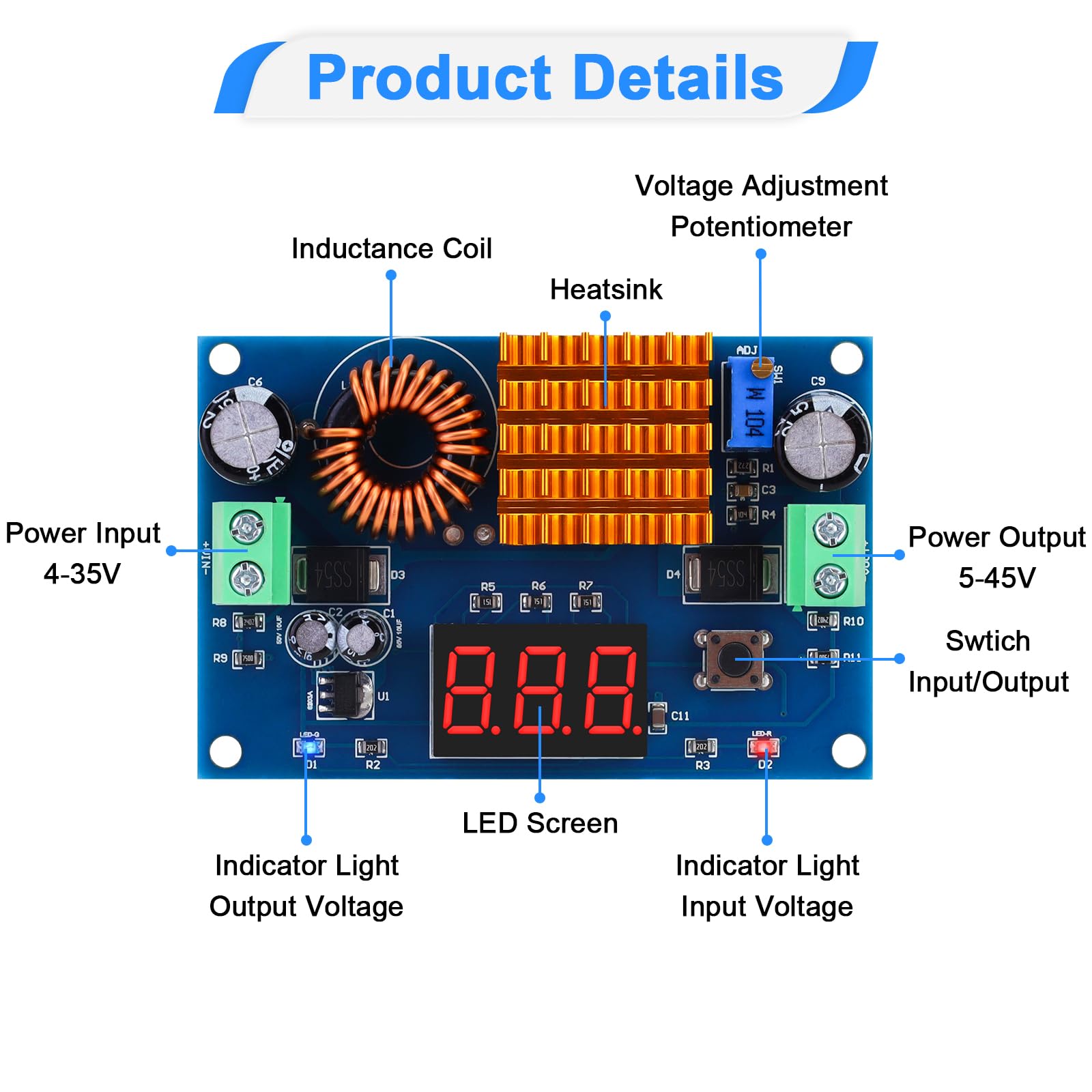 Makerfocus Dc To Dc Boost Converter, 4 35V Input To 5 45V Output Adjustable Step Up Voltage Module For Stable Power Supply, Sola
