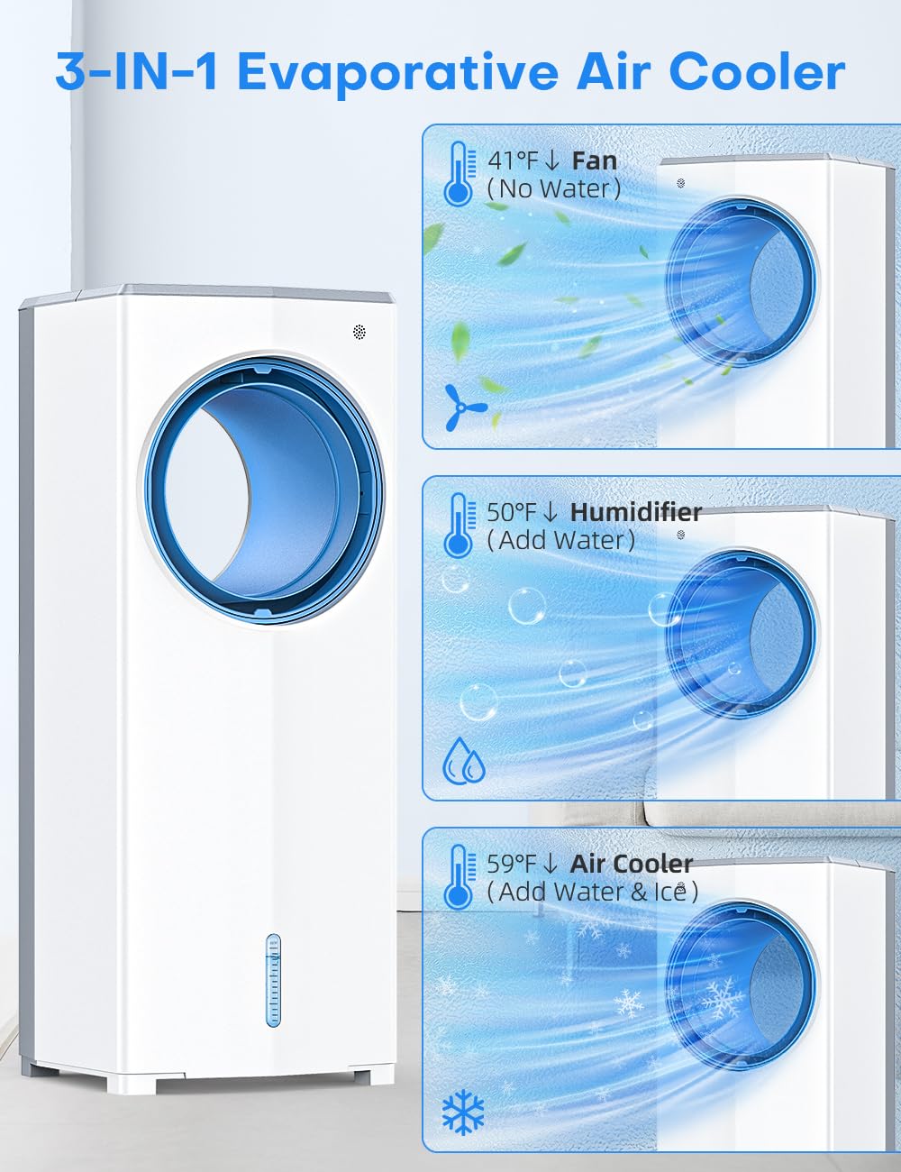 Myicy Windowless Air Conditioner, 27 Bladeless Evaporative Air Cooler With 4 Modes & 3 Speeds, Double Tanks, 4 Ice Packs, 25Ft R