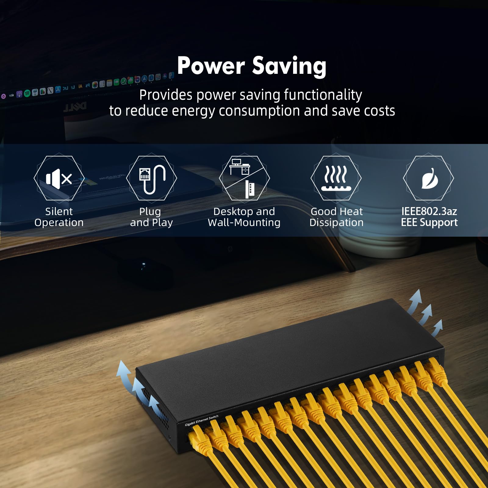 Mokerlink 16 Port Gigabit Ethernet Switch, Fanless Metal Unmanaged Plug And Play Network Switch