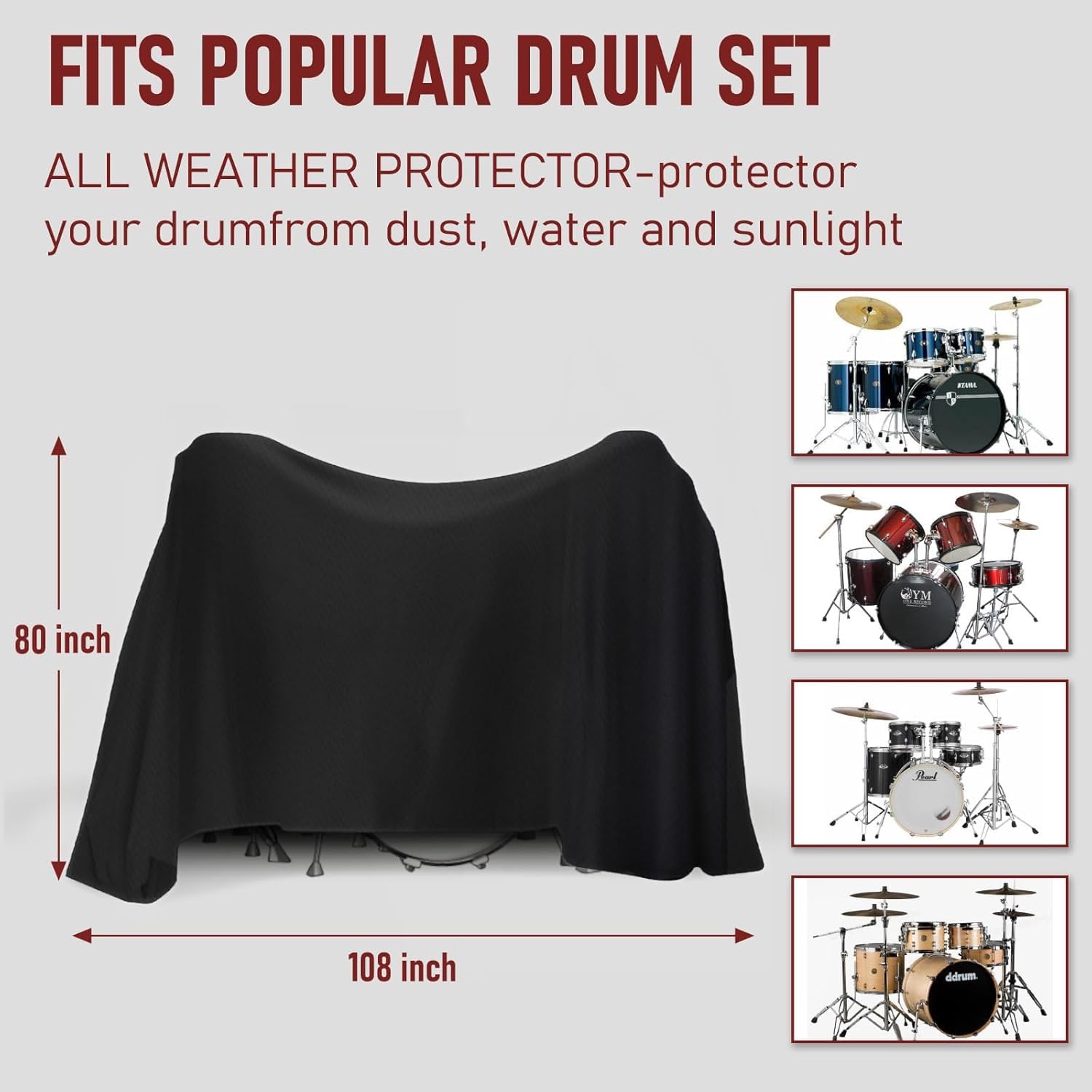 Drum Set Dust Cover With Sewn-In Sewn-In Weighted Corners Windproof Drum Kit Cover For Outdoor Musical Instruments (80 X 108 Inc
