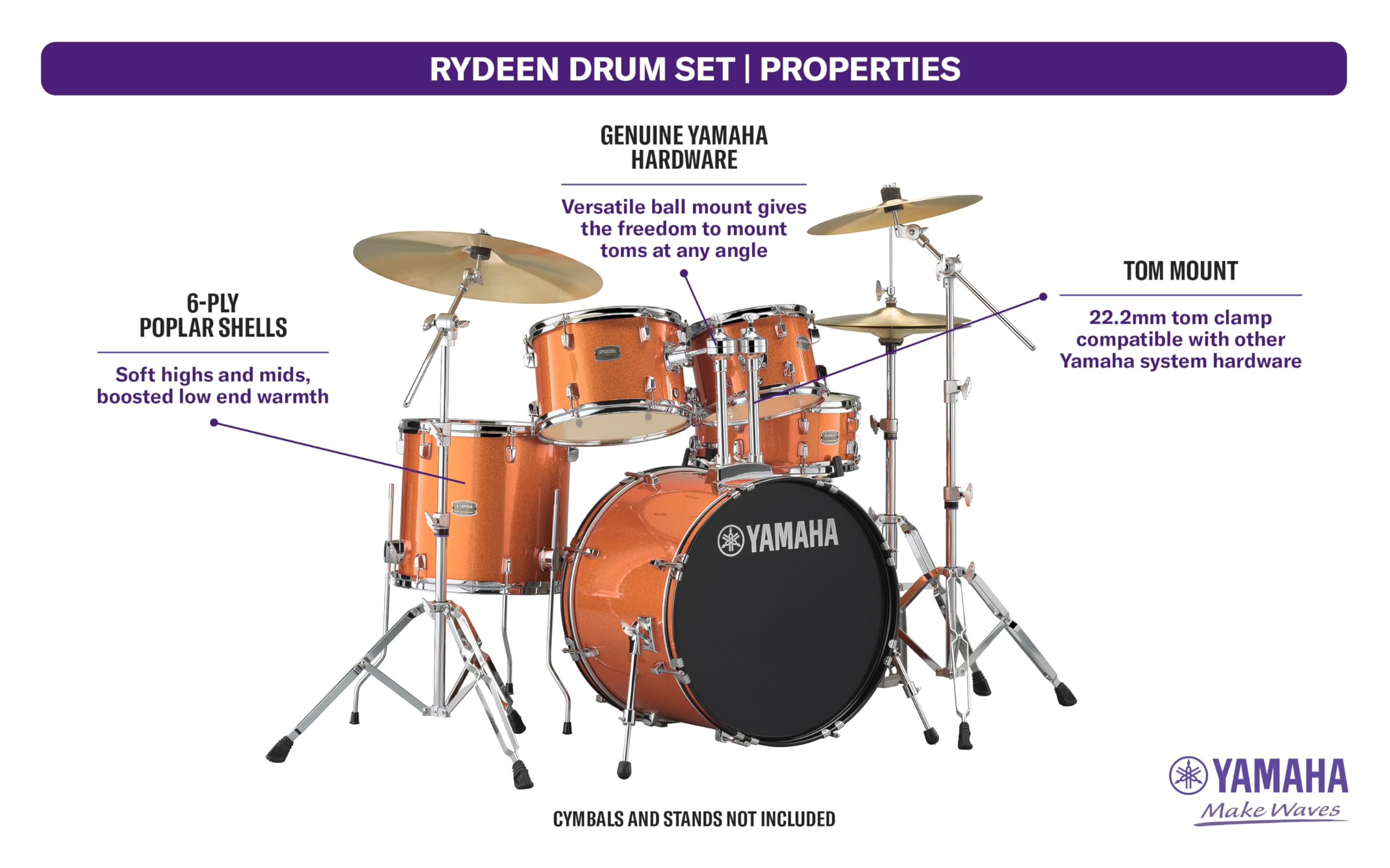 Yamaha Rydeen 5-Piece Drum Set With 20 Bass Drum, Floor Tom, 2 Toms With Ball Clamp And Wood Snare Drum, Orange Glitter