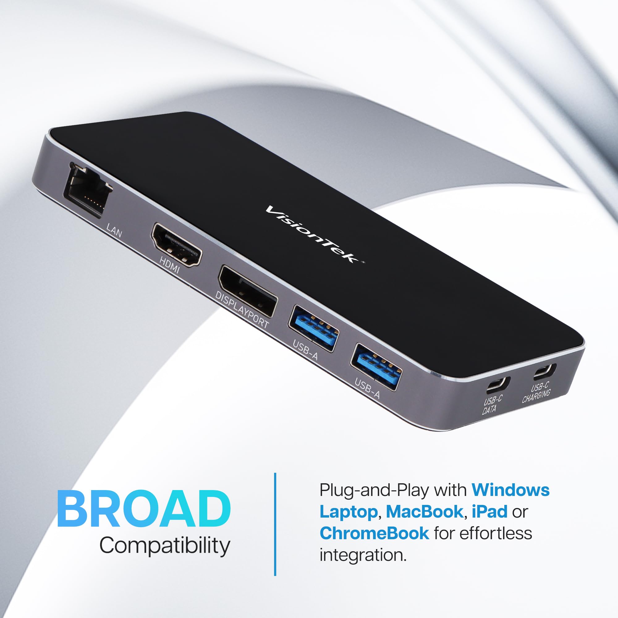 Visiontek Vt400 Portable Usb-C Dual Monitor Hub - 1X Dp, 1X Hdmi, 2X Usb-A, 1X Ethernet, 1X Usb-C For Windows/Macos/Chromeos/Ios